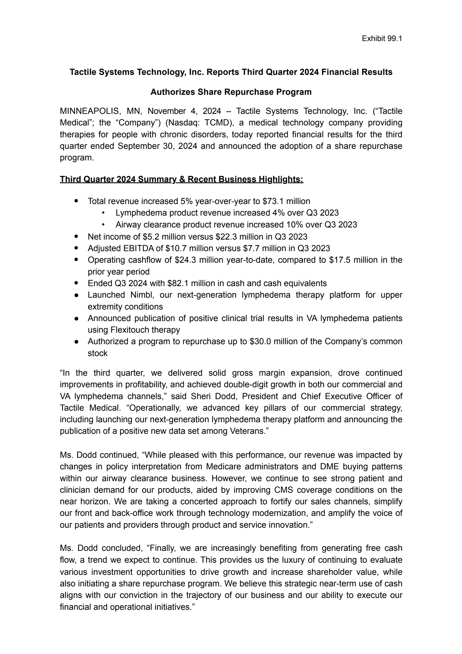Tactile Systems Technology's Q3 2024 Press Release
