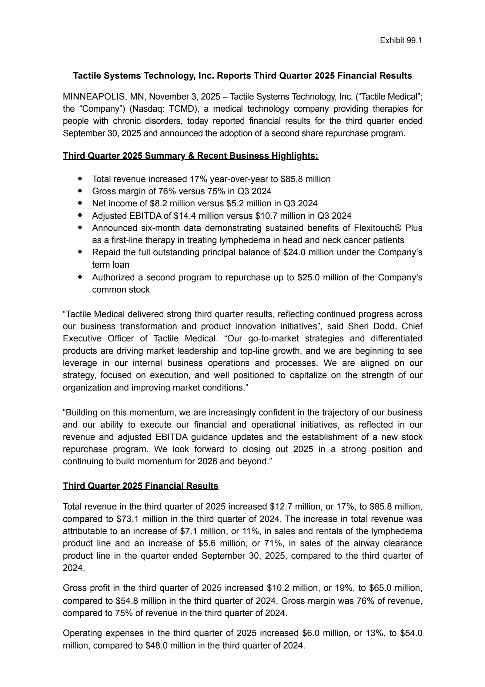 Tactile Systems Technology's Q3 2025 Earnings Release