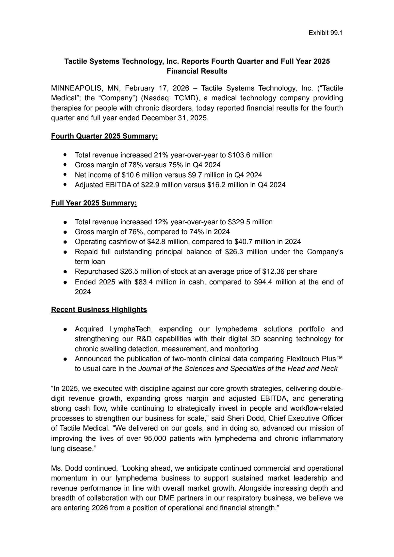 Tactile Systems Technology's Q4 2025 Press Release