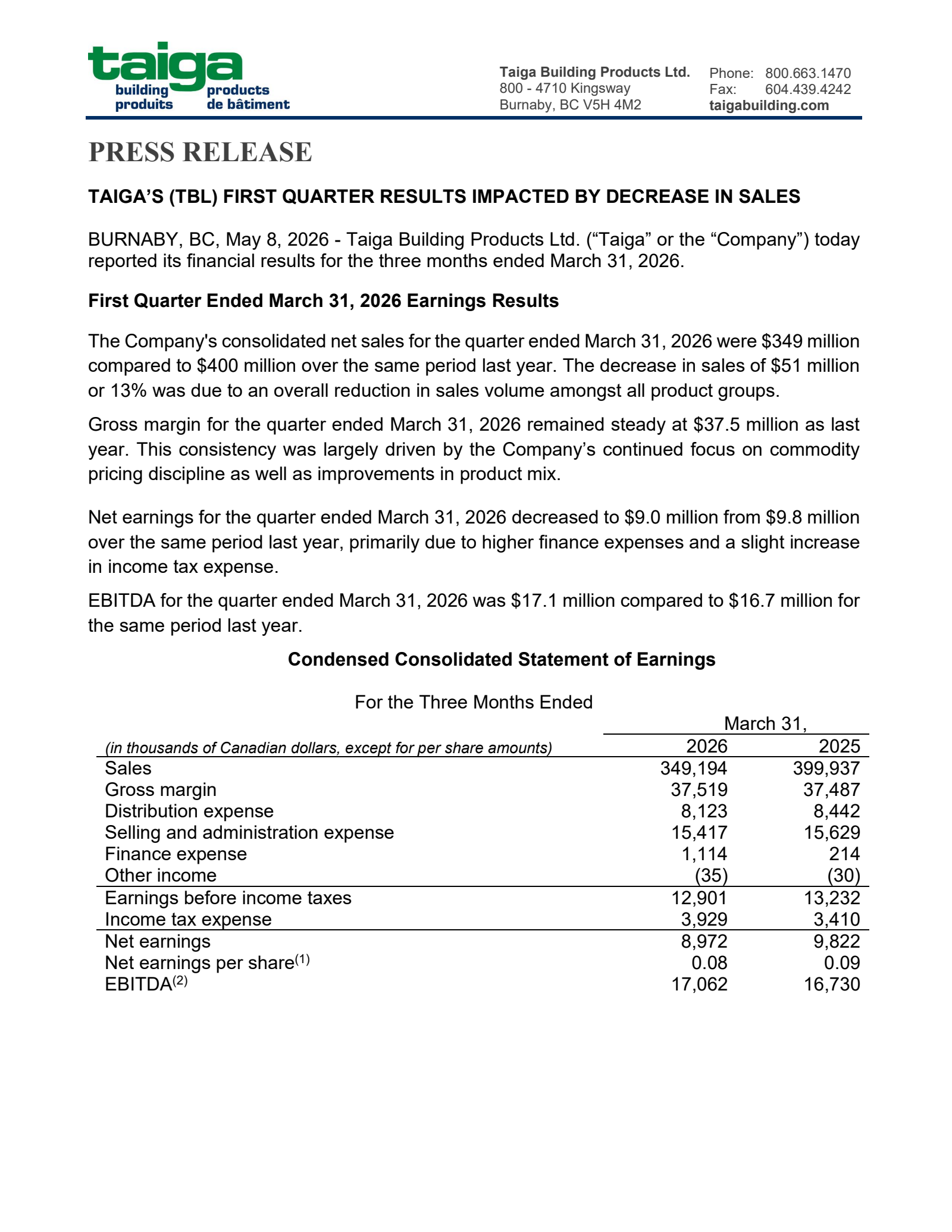 Taiga Building Products' Q1 2026 Press Release