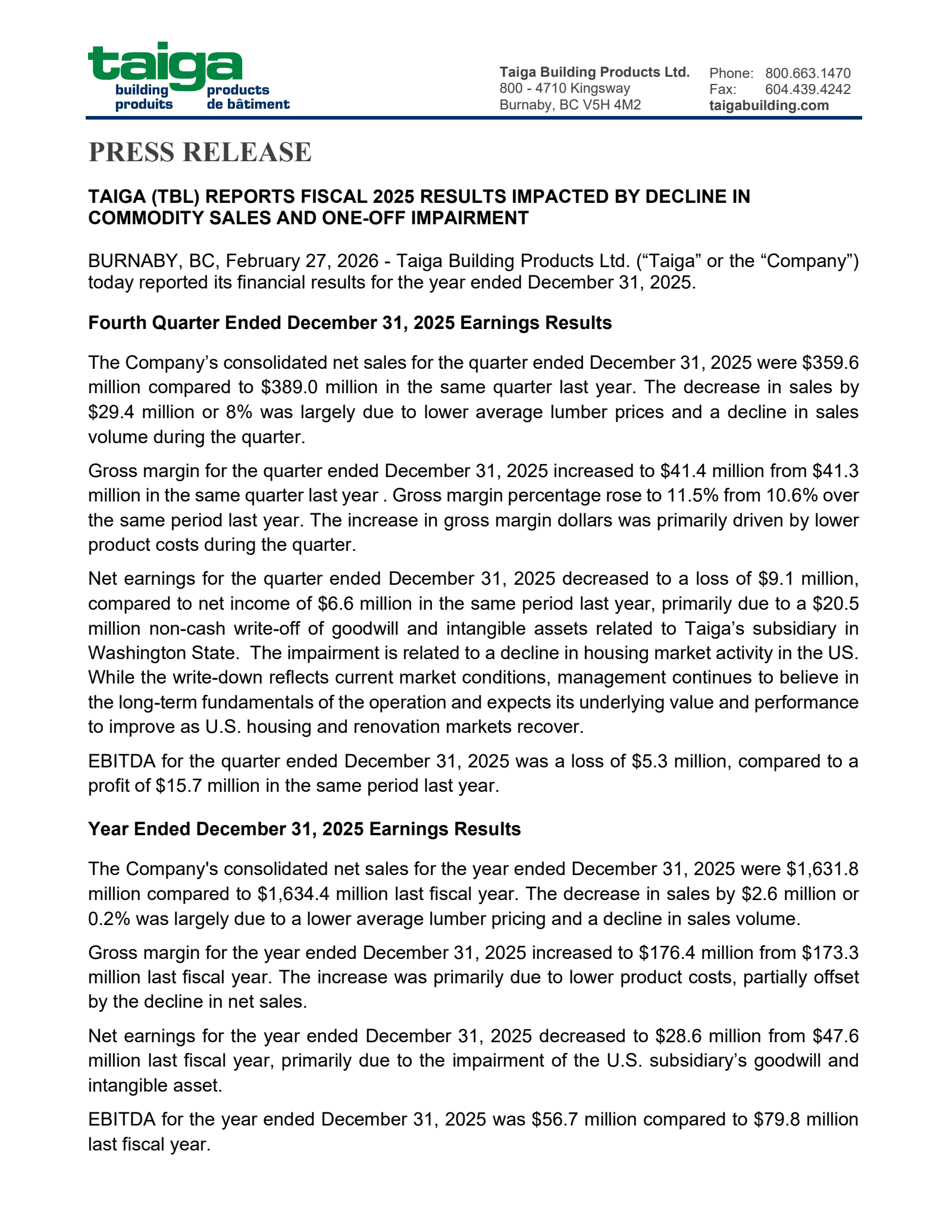 Taiga Building Products' Q4 2025 Press Release