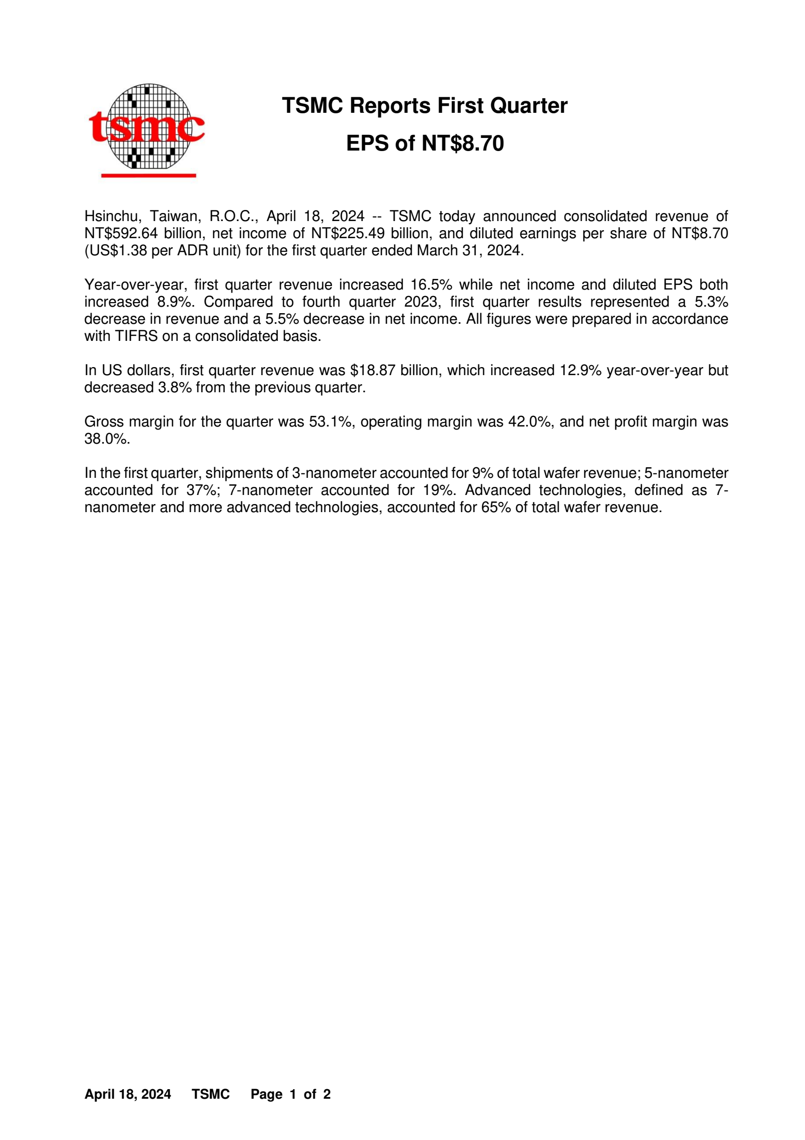 Taiwan Semiconductor Manufacturing's Q1 2024 Press Release