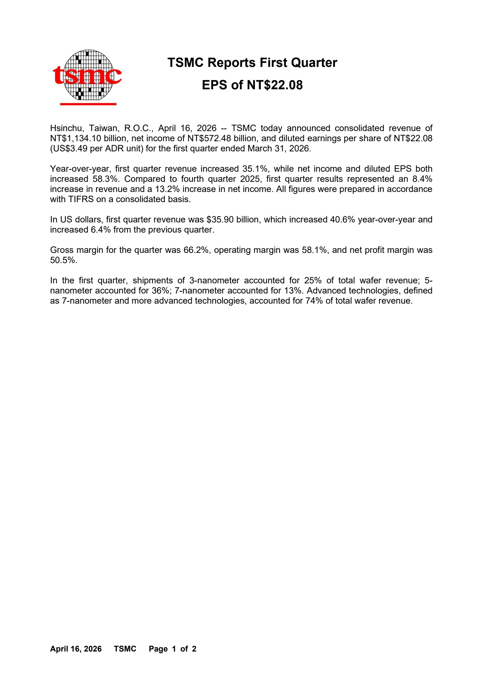 Taiwan Semiconductor Manufacturing's Q1 2026 Press Release