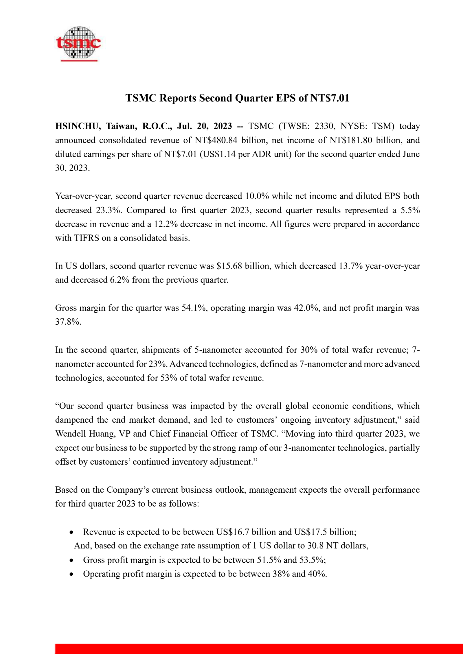 Taiwan Semiconductor Manufacturing's Q2 2023 Press Release