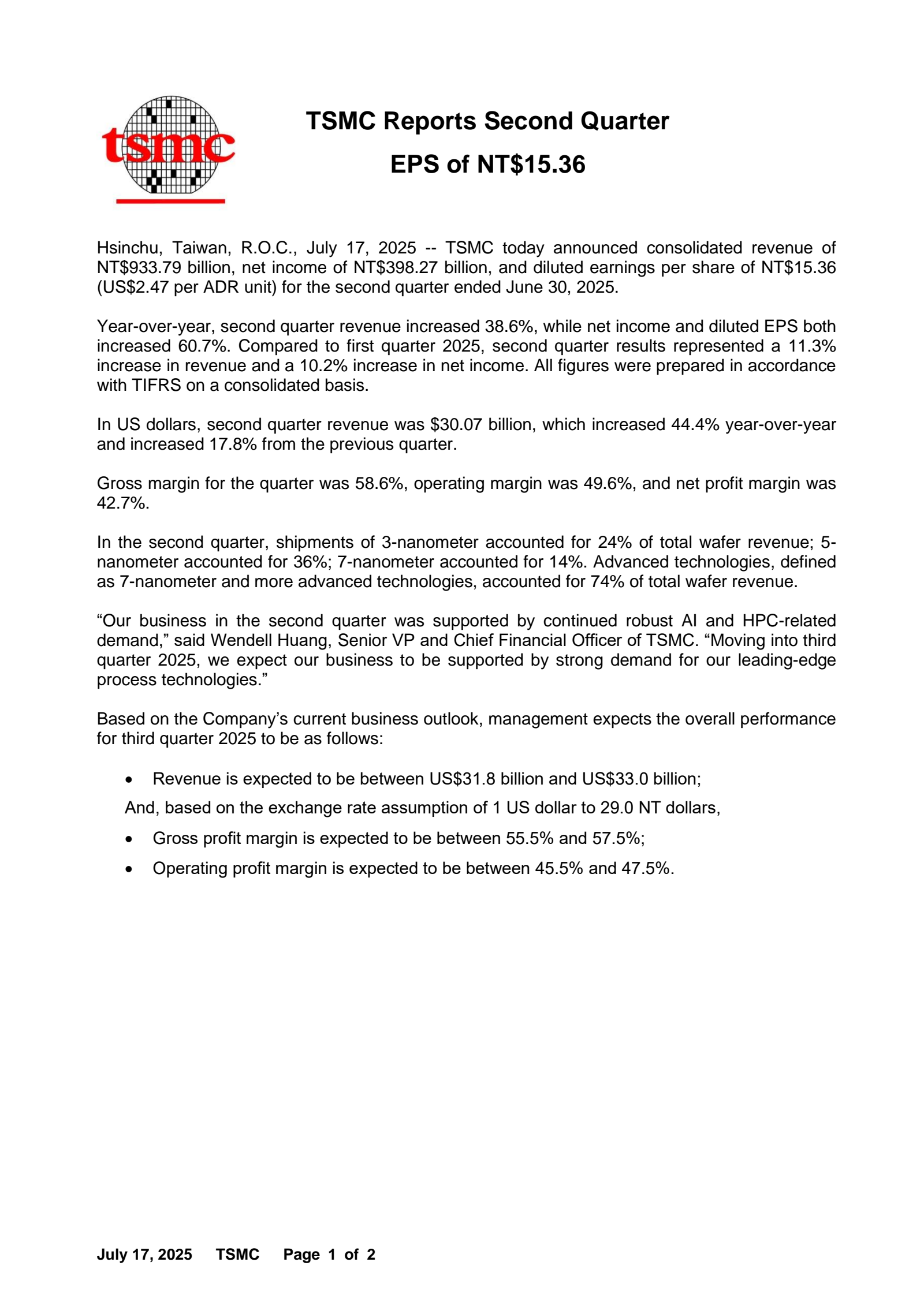 Taiwan Semiconductor Manufacturing's Q2 2025 Press Release