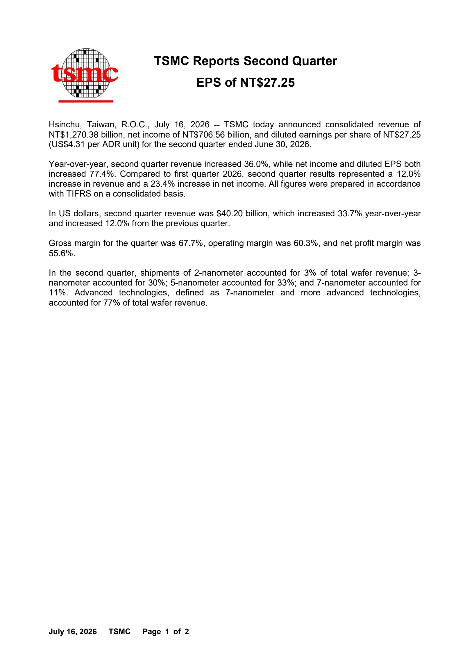 Taiwan Semiconductor Manufacturing's Q2 2026 Press Release