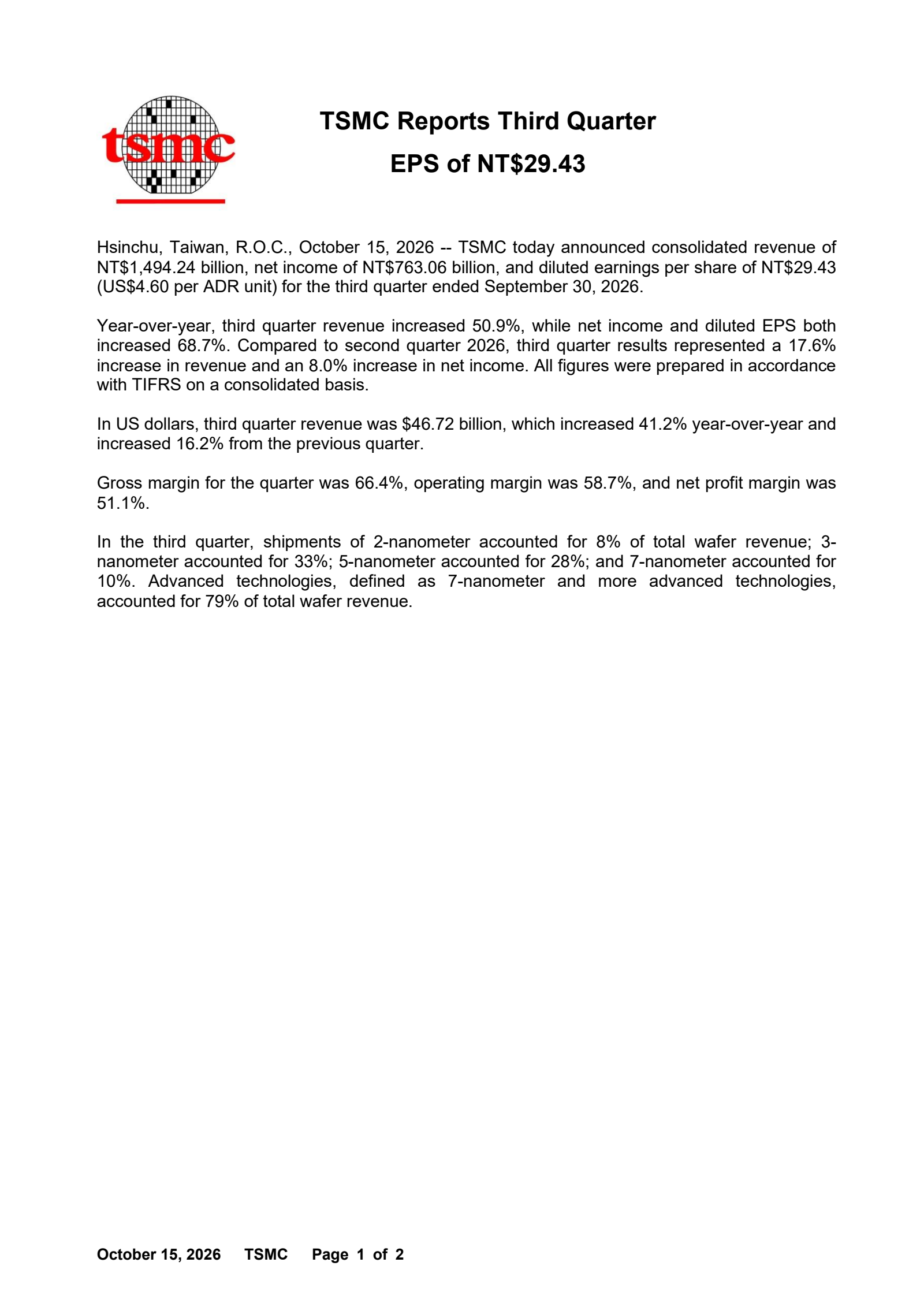 Taiwan Semiconductor Manufacturing's Q3 2026 Press Release