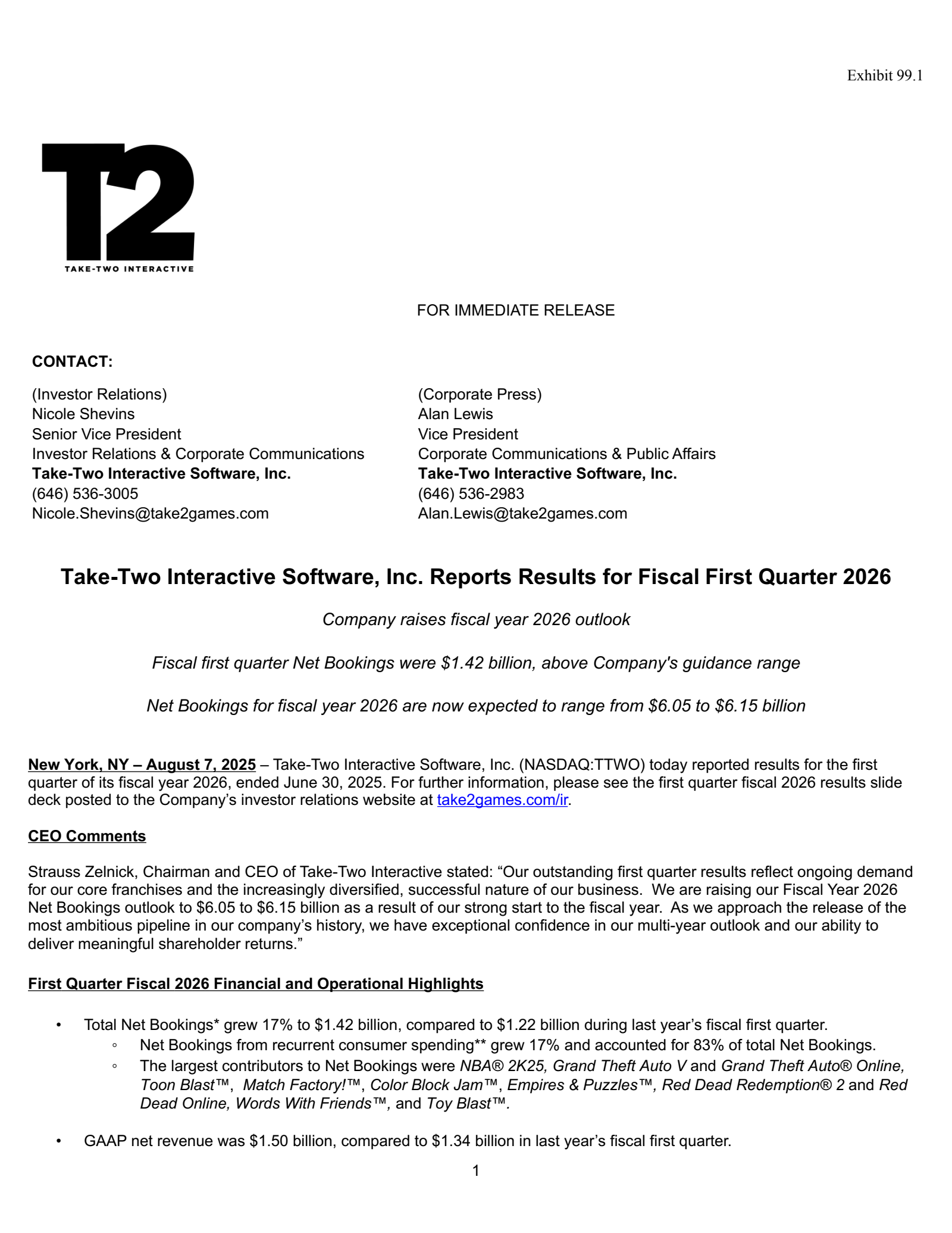 Take-Two Interactive Software's Q1 2026 Press Release