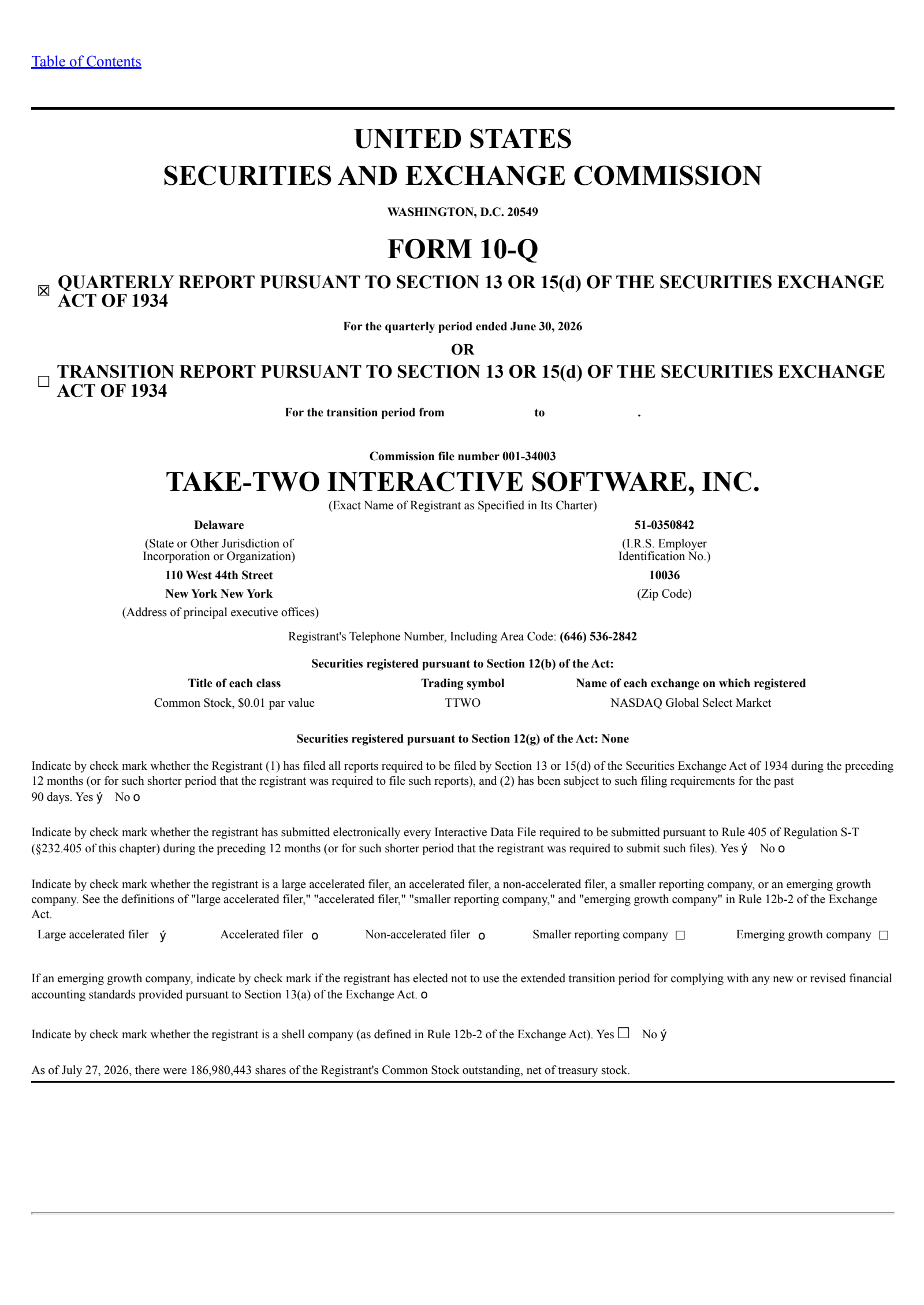 Take-Two Interactive Software's Q1 2027 Quarterly report