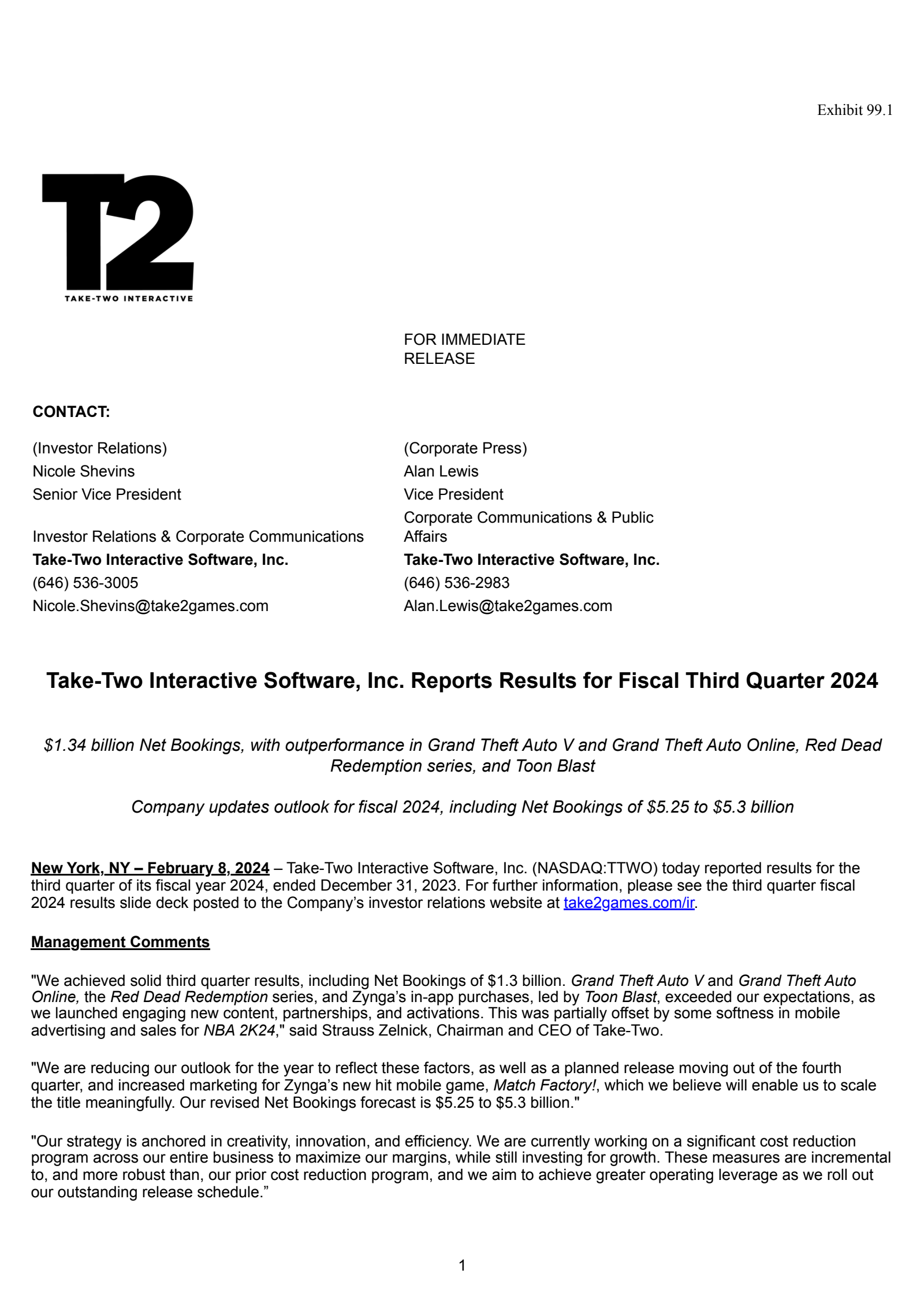 Take-Two Interactive Software's Q3 2024 Press Release