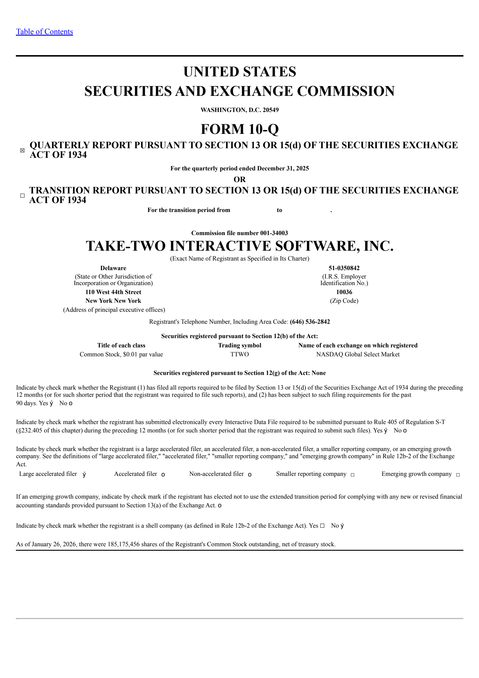 Take-Two Interactive Software's Q3 2026 Quarterly report