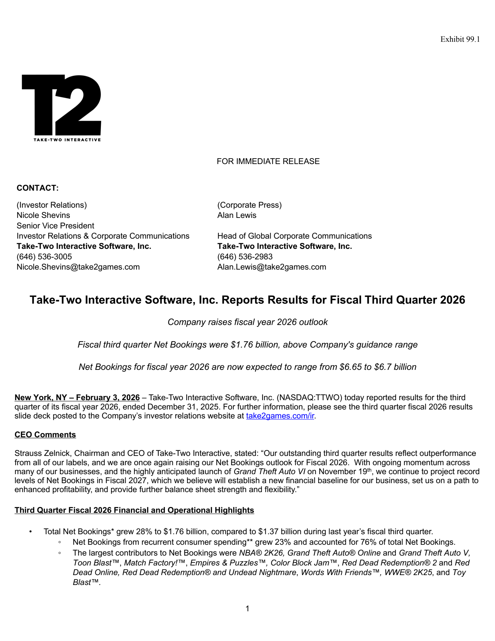 Take-Two Interactive Software's Q3 2026 Press Release