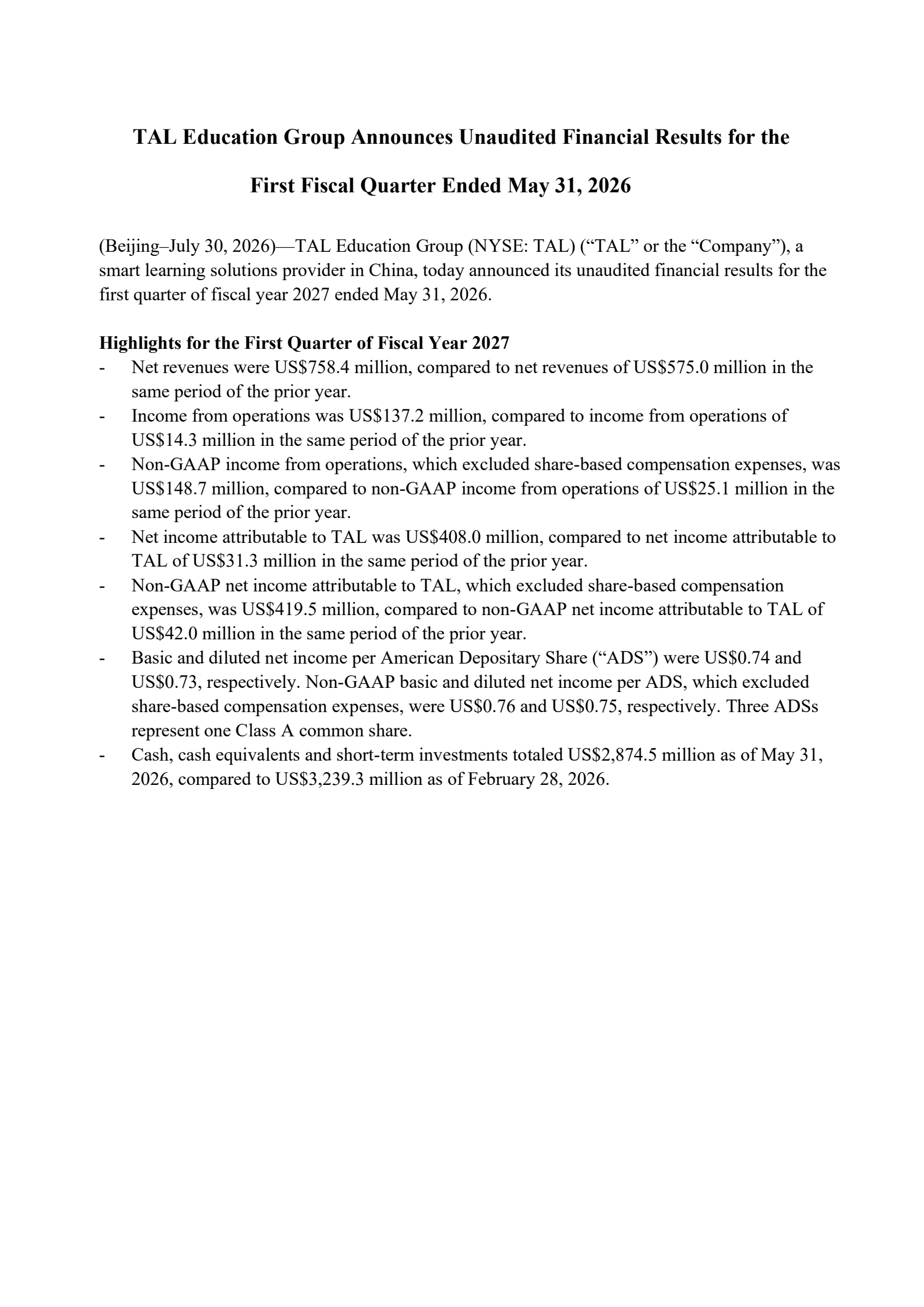 TAL Education Group's Q1 2027 Press Release