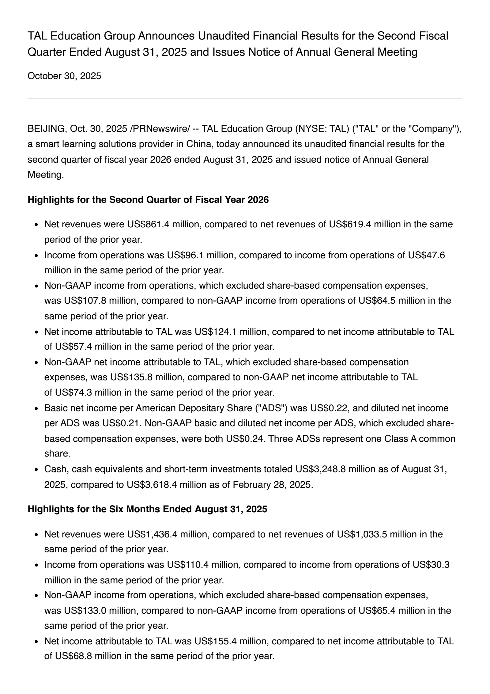 TAL Education Group's Q2 2026 Earnings Release