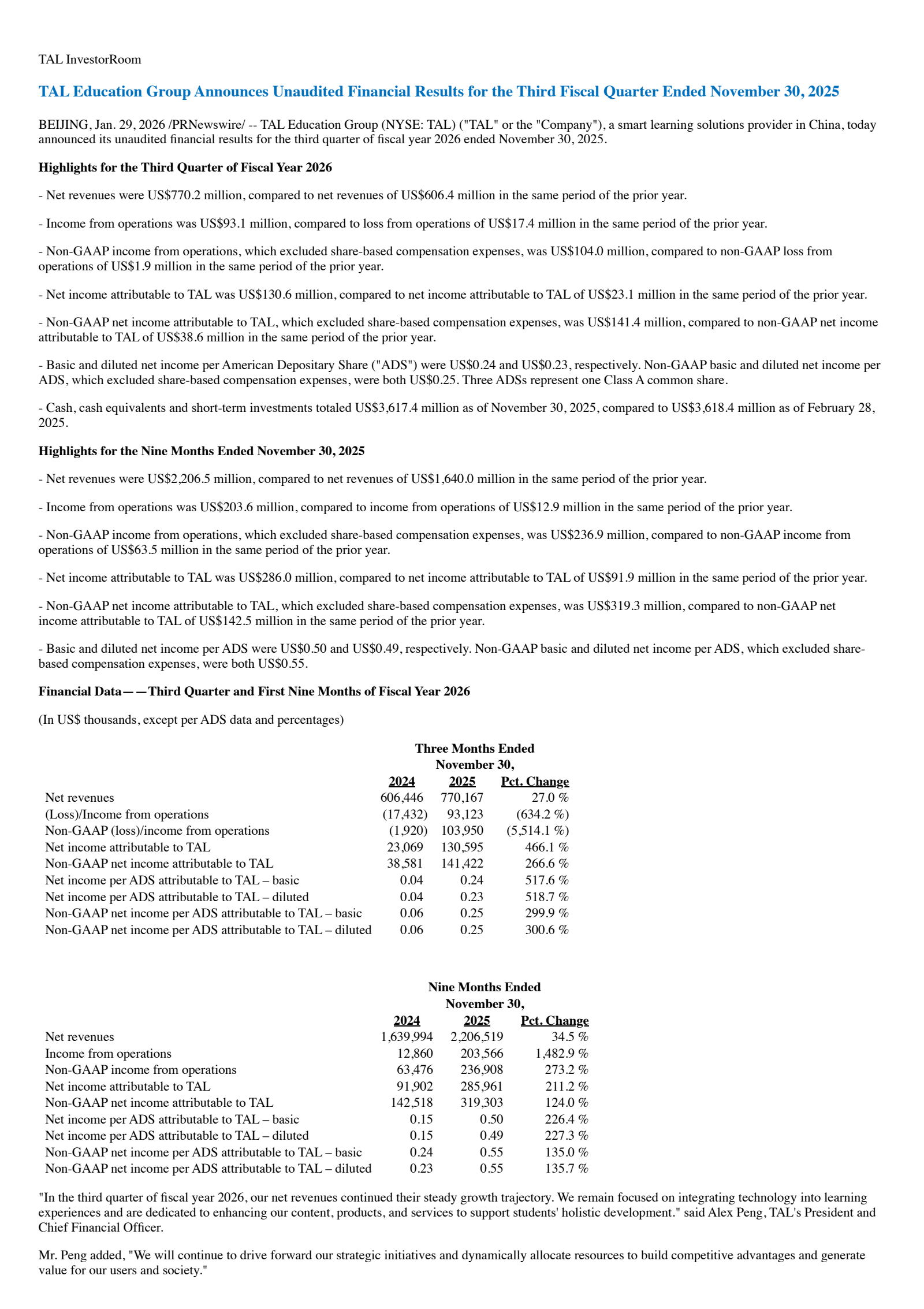 TAL Education Group's Q3 2026 Press Release
