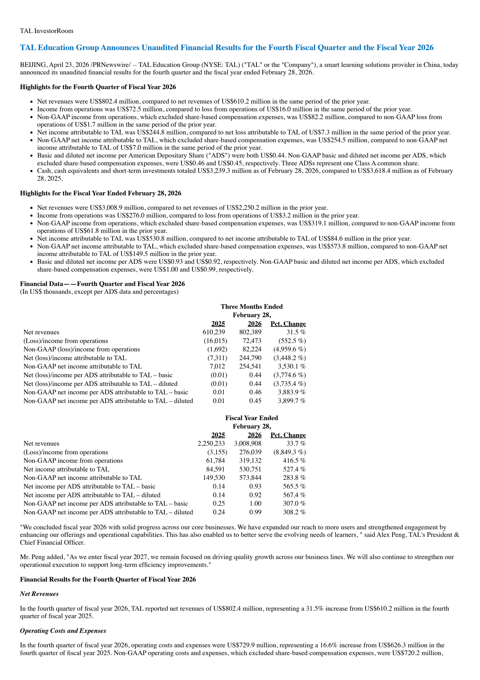 TAL Education Group's Q4 2026 Press Release