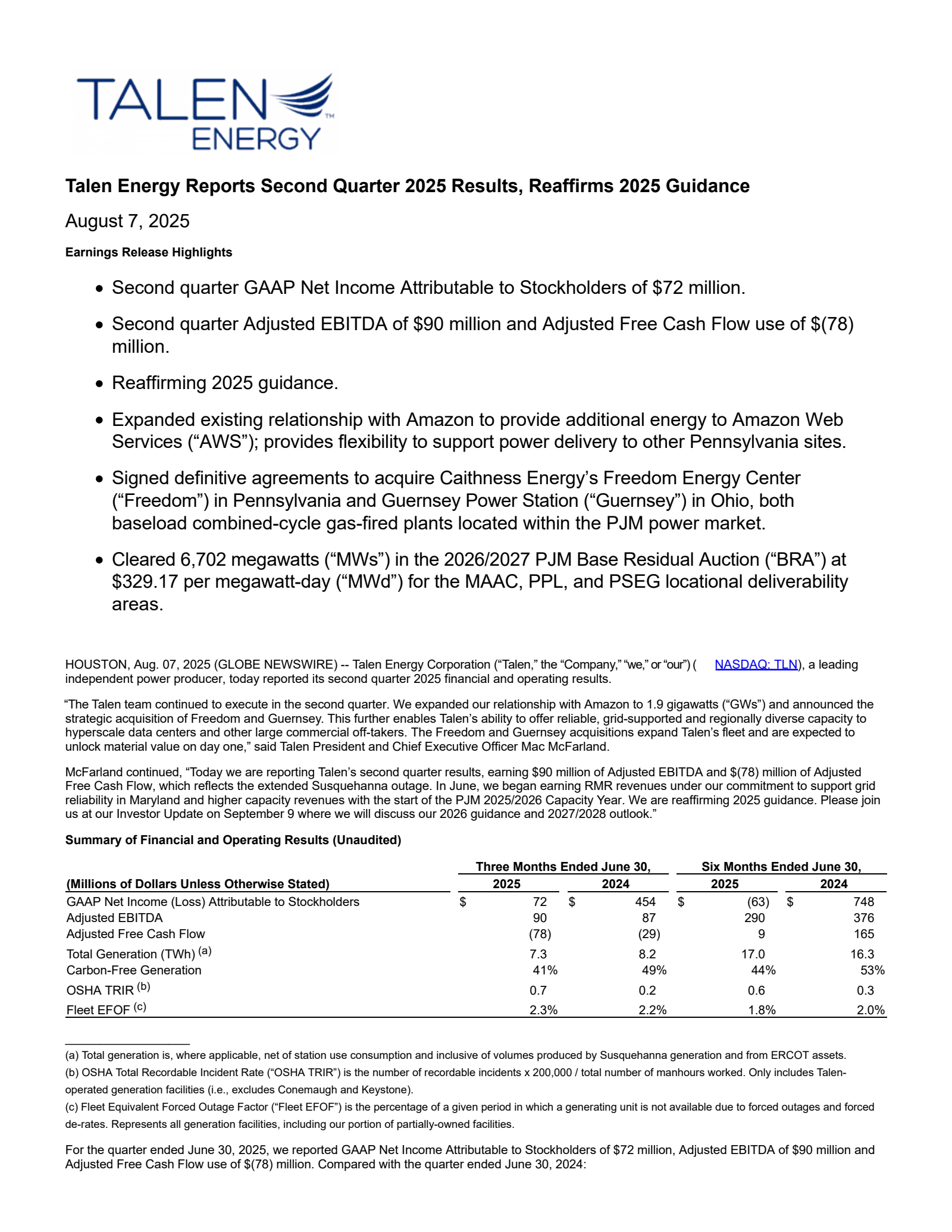 Talen Energy's Q2 2025 Press Release