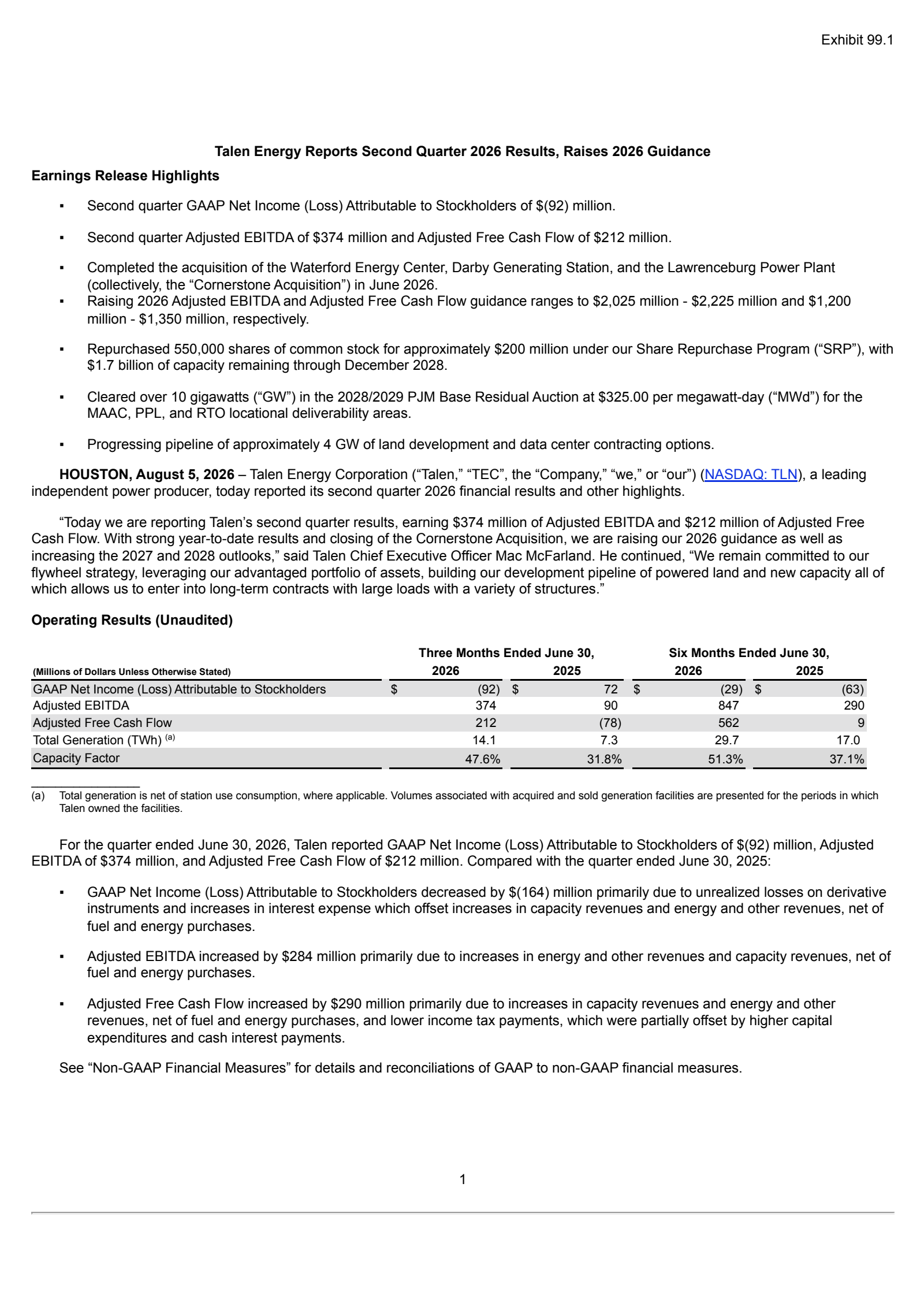 Talen Energy's Q2 2026 Press Release