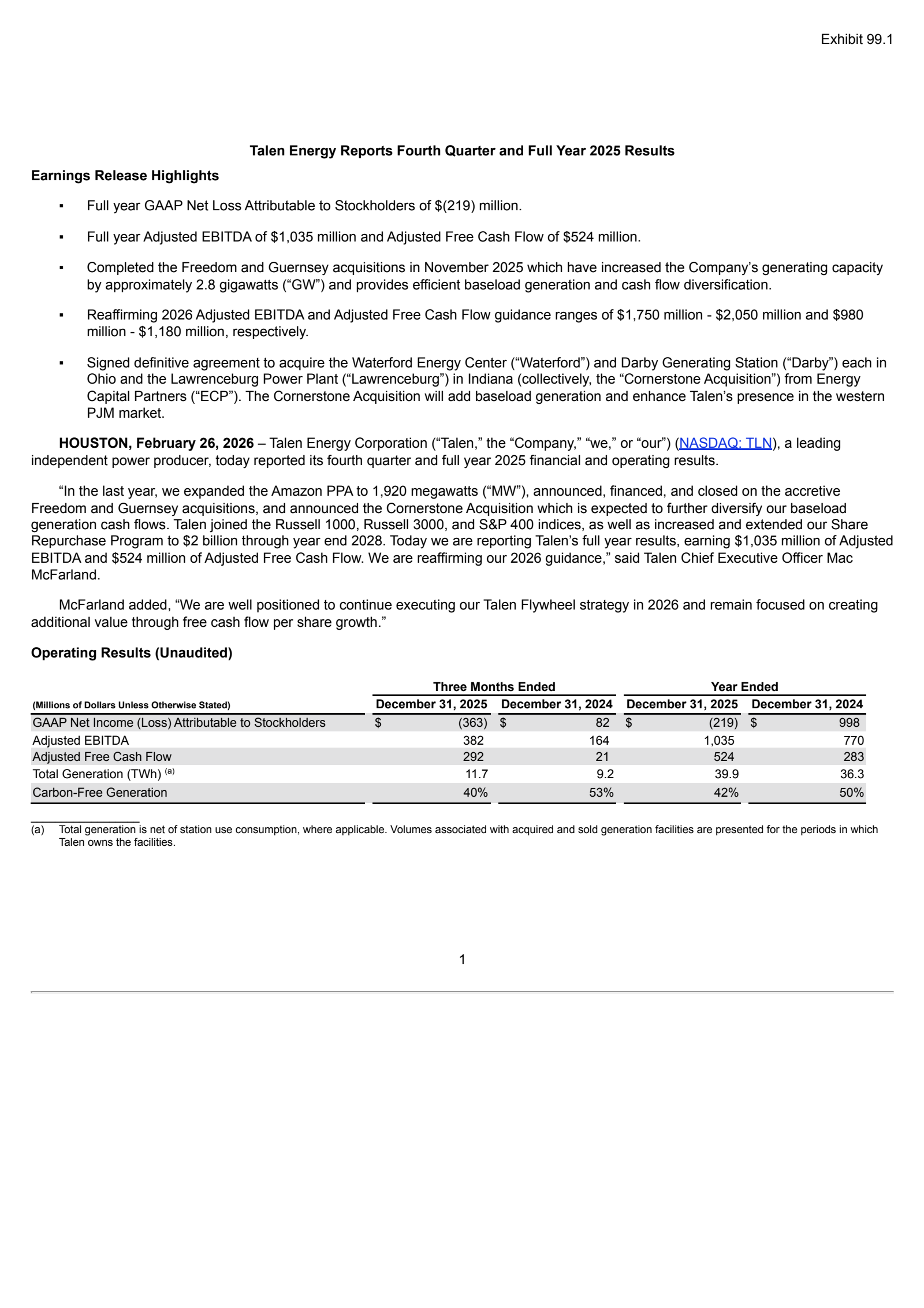 TLN Q4 2025 Earnings Report on 2/26/2026