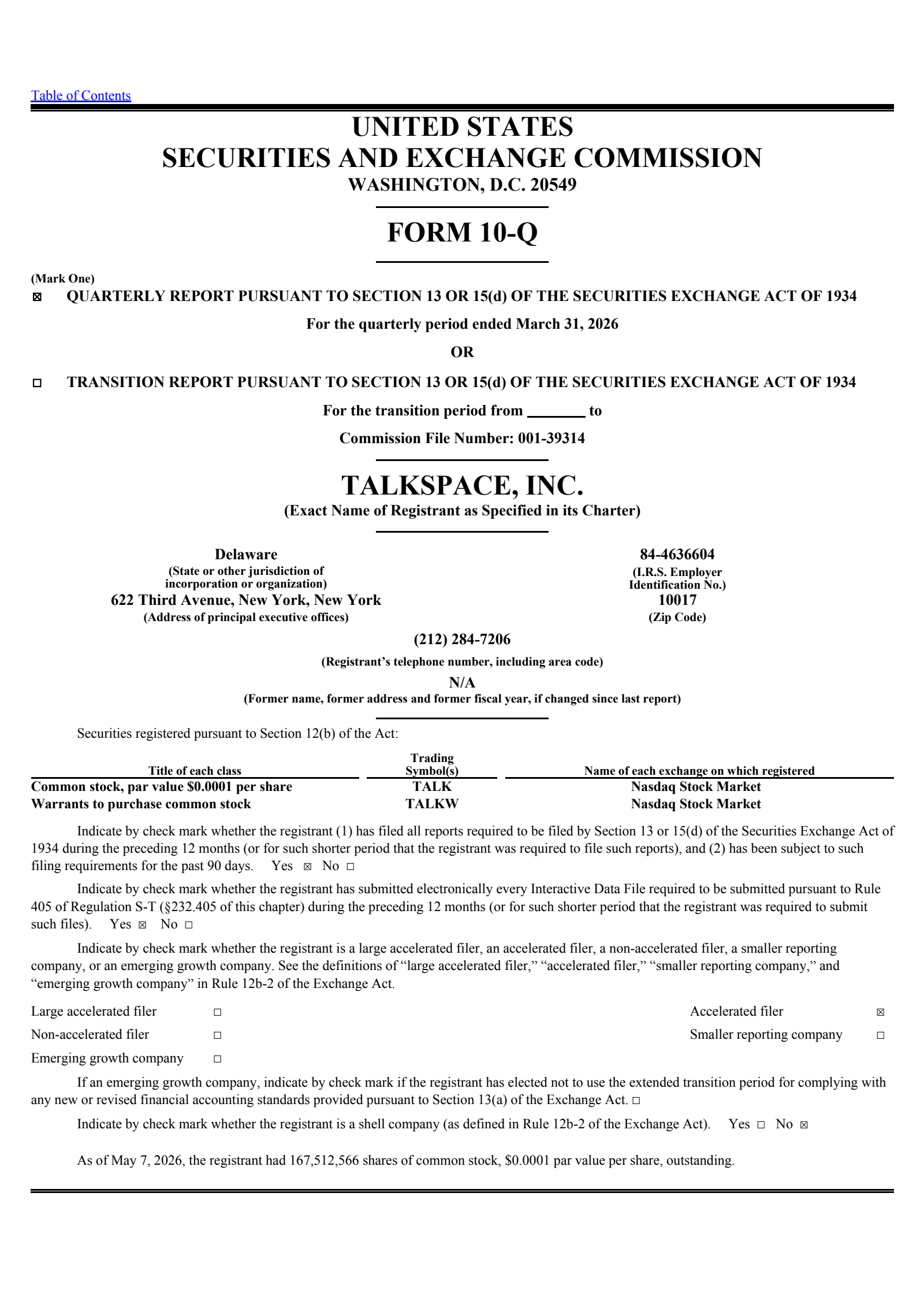 Talkspace's Q1 2026 Quarterly report