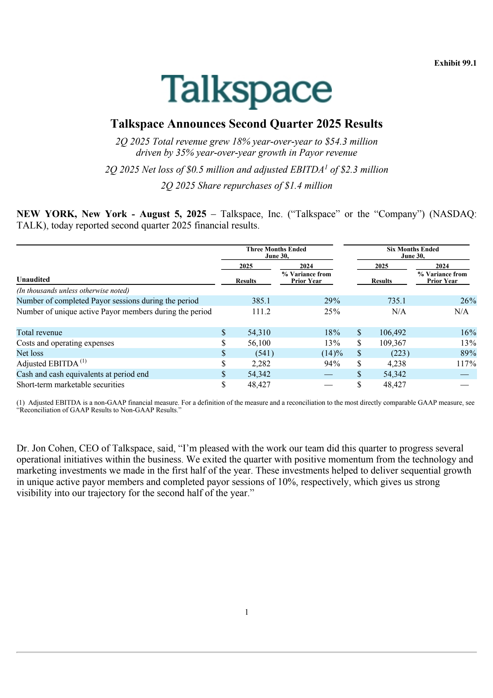 Talkspace's Q2 2025 Press Release