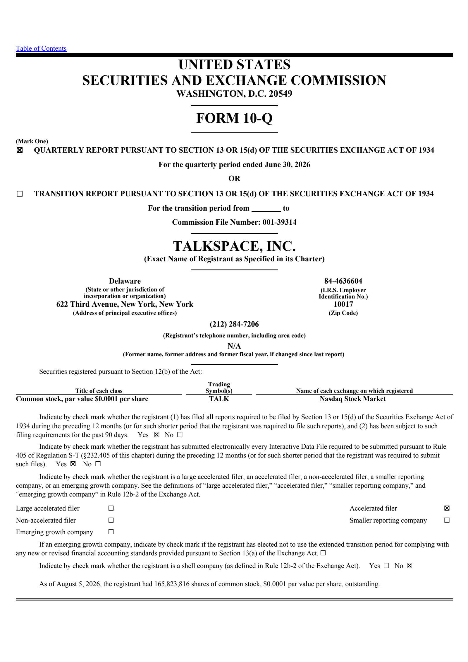 Talkspace's Q2 2026 Quarterly report