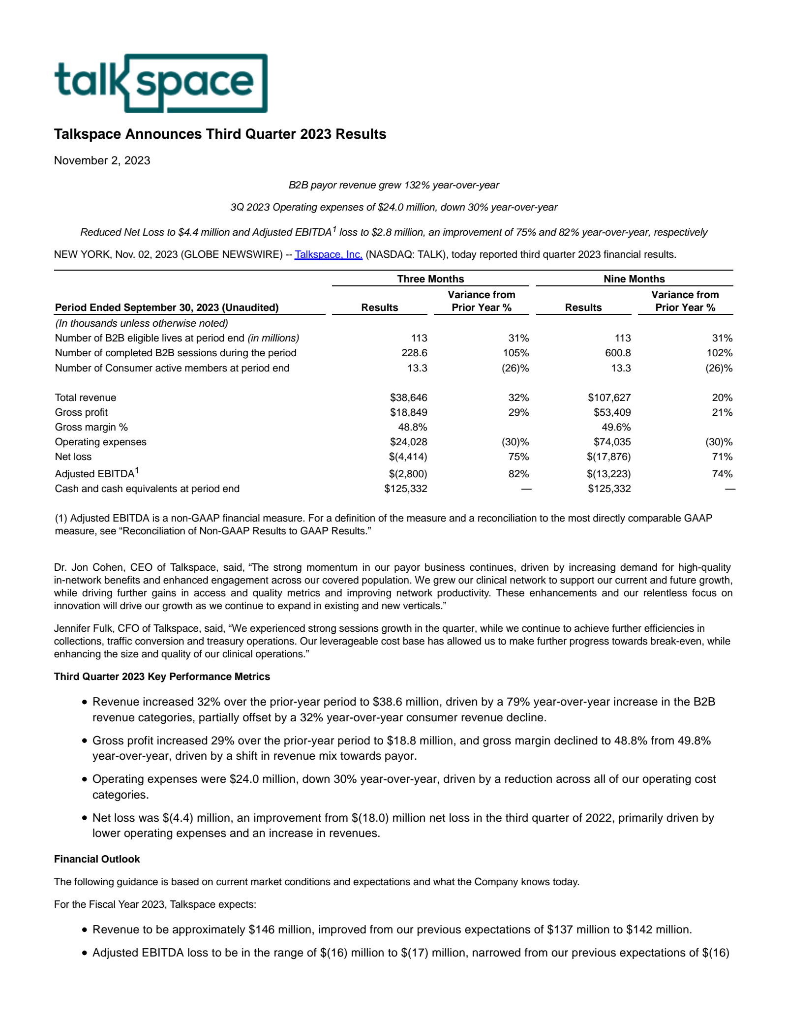 Talkspace's Q3 2023 Press Release