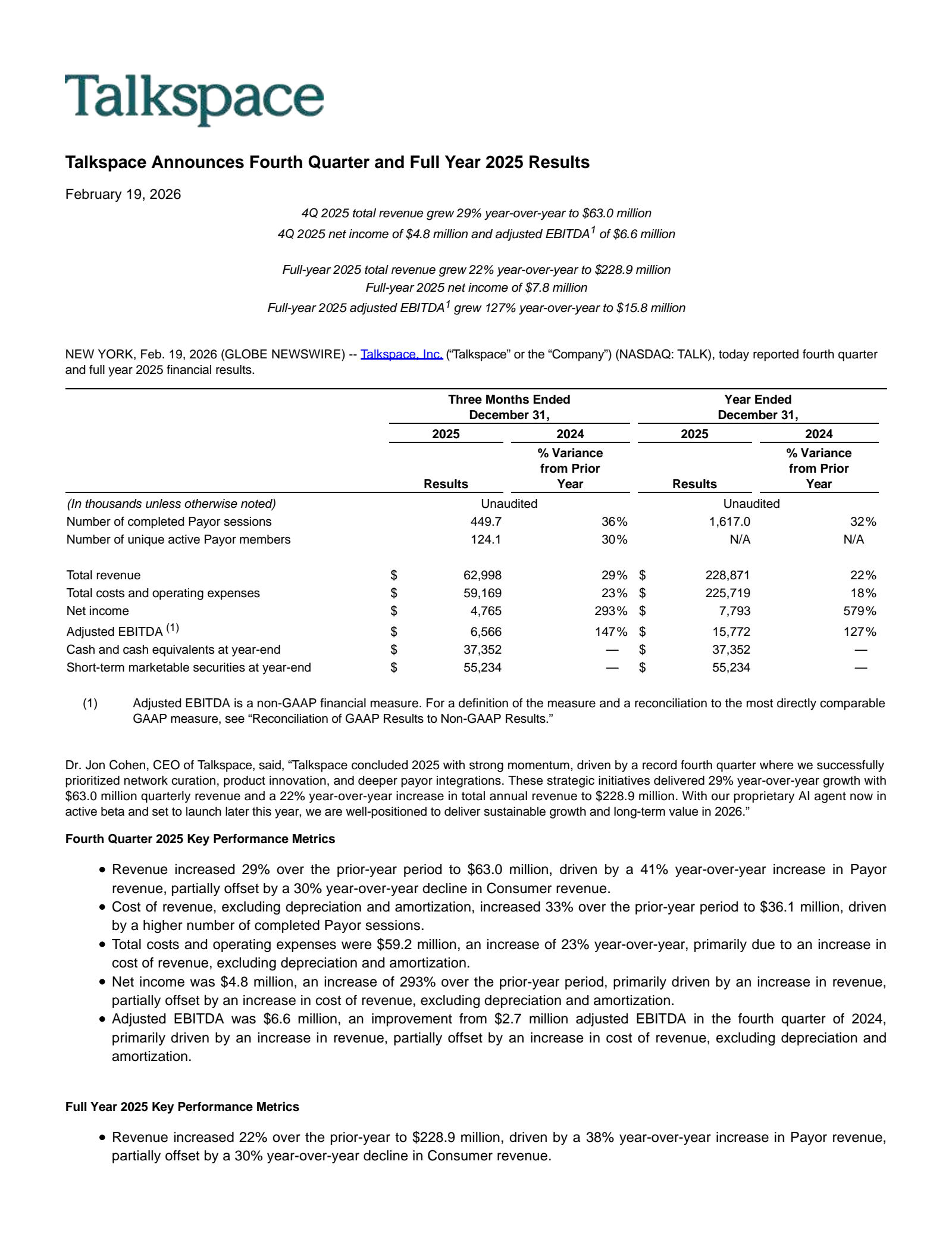 Talkspace's Q4 2025 Press Release