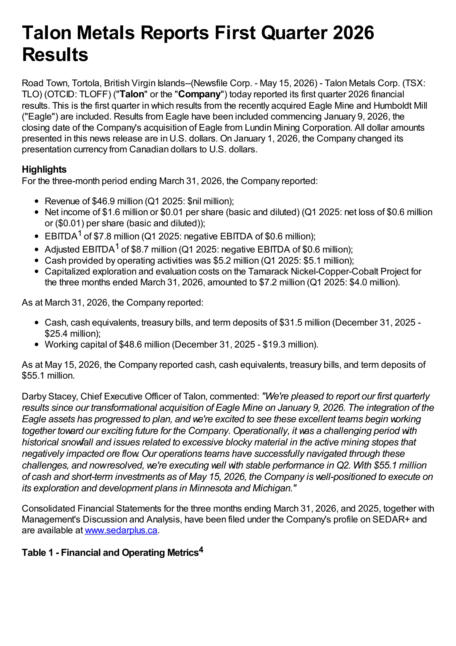 Talon Metals' Q1 2026 Press Release