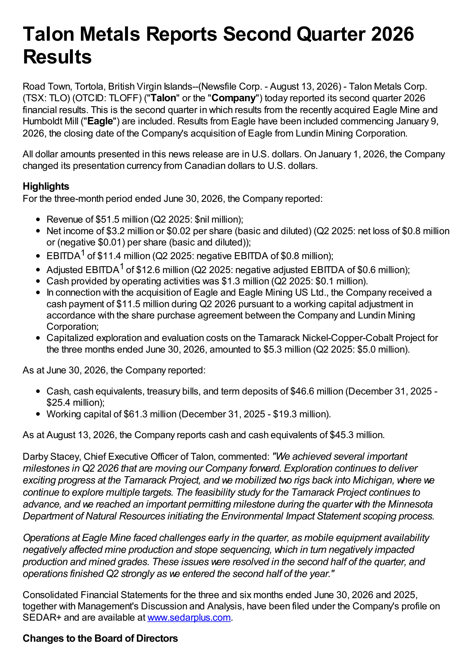 Talon Metals' Q2 2026 Press Release