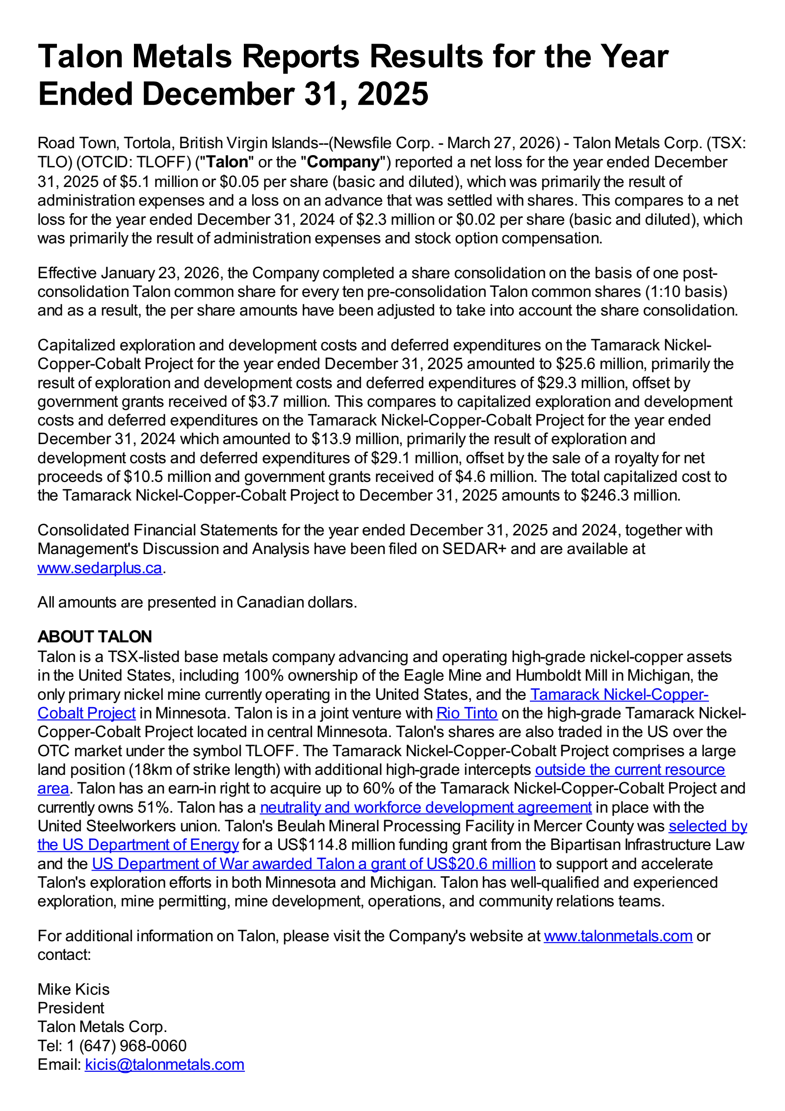 Talon Metals' Q4 2025 Press Release