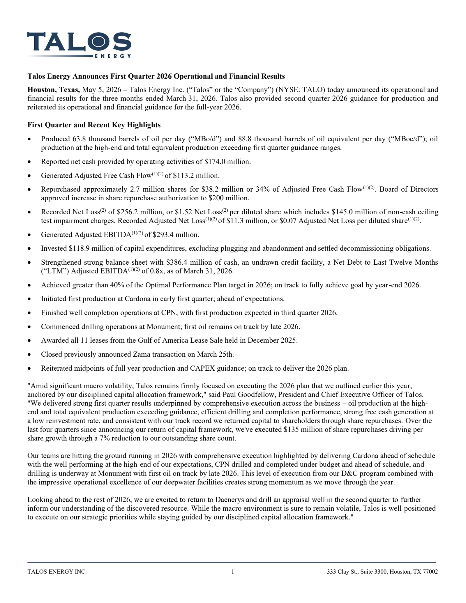 Talos Energy's Q1 2026 Press Release