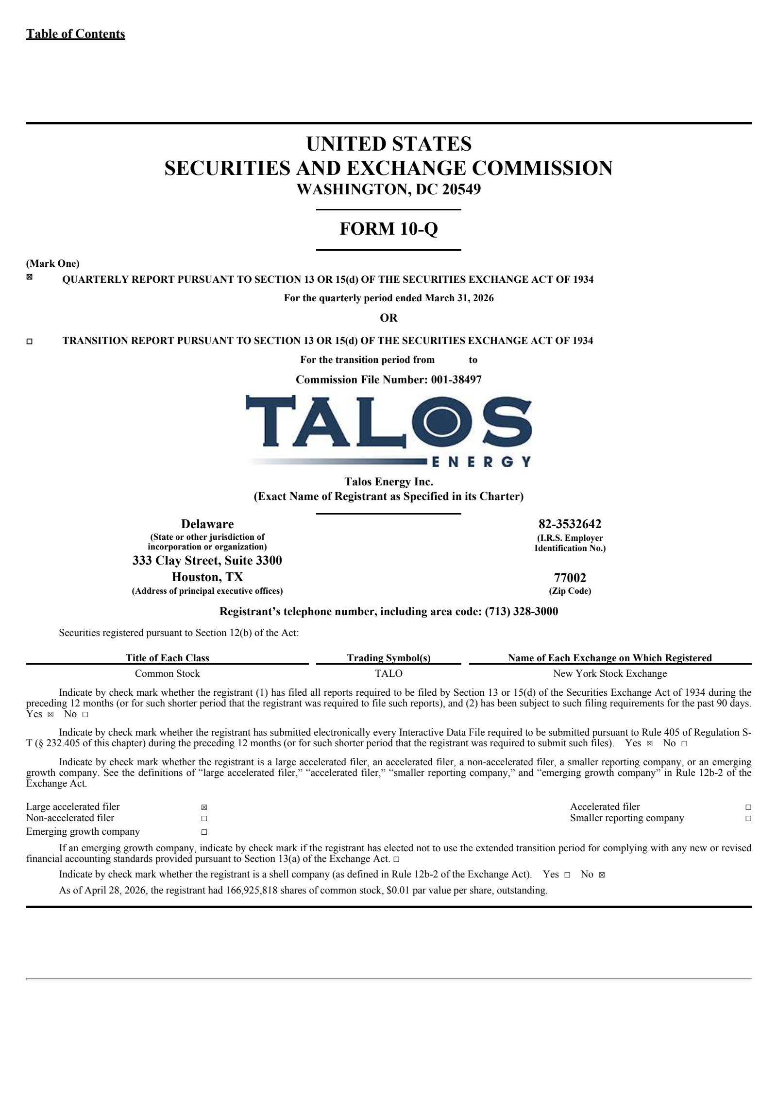 Talos Energy's Q1 2026 Quarterly report