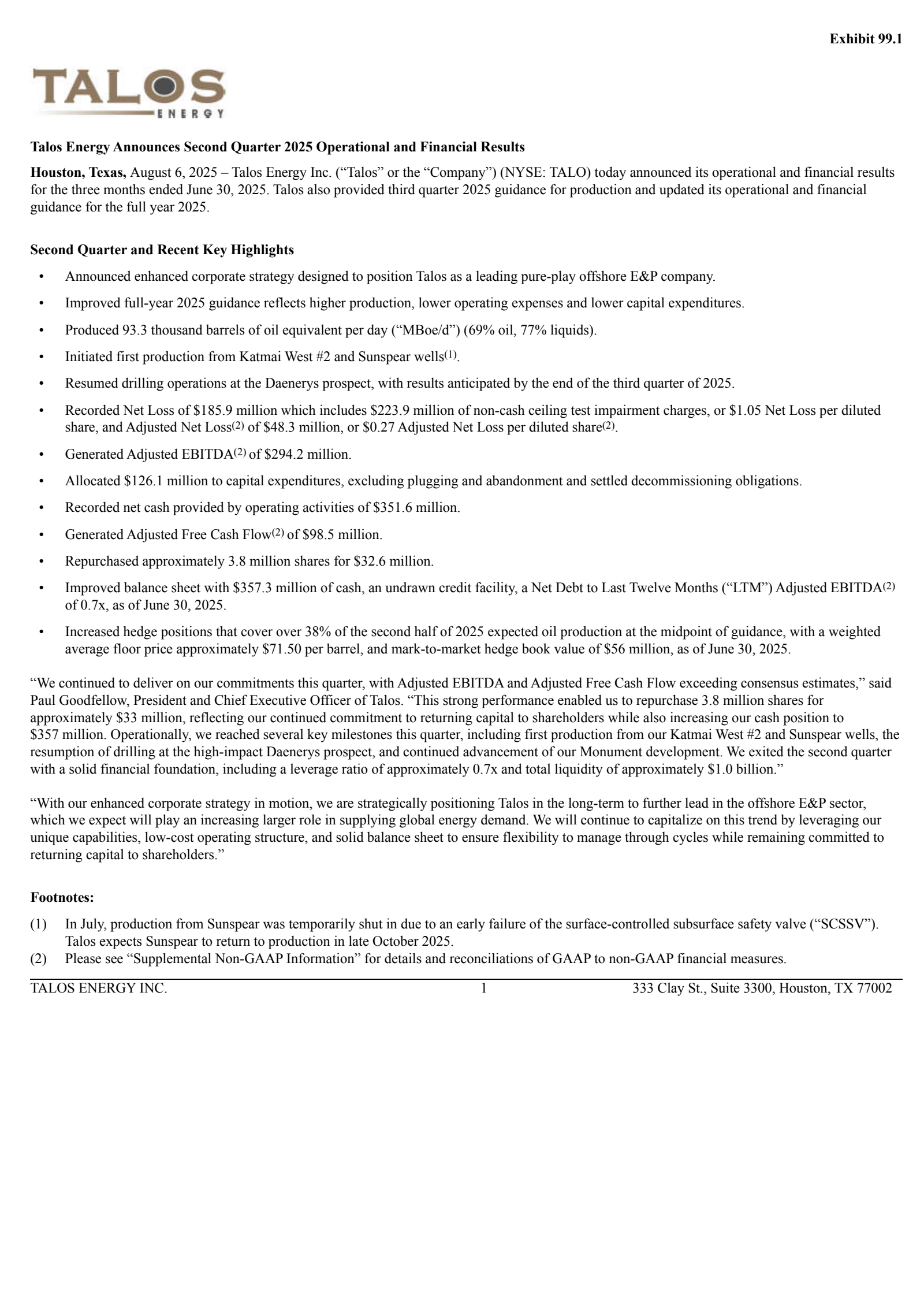 Talos Energy's Q2 2025 Press Release