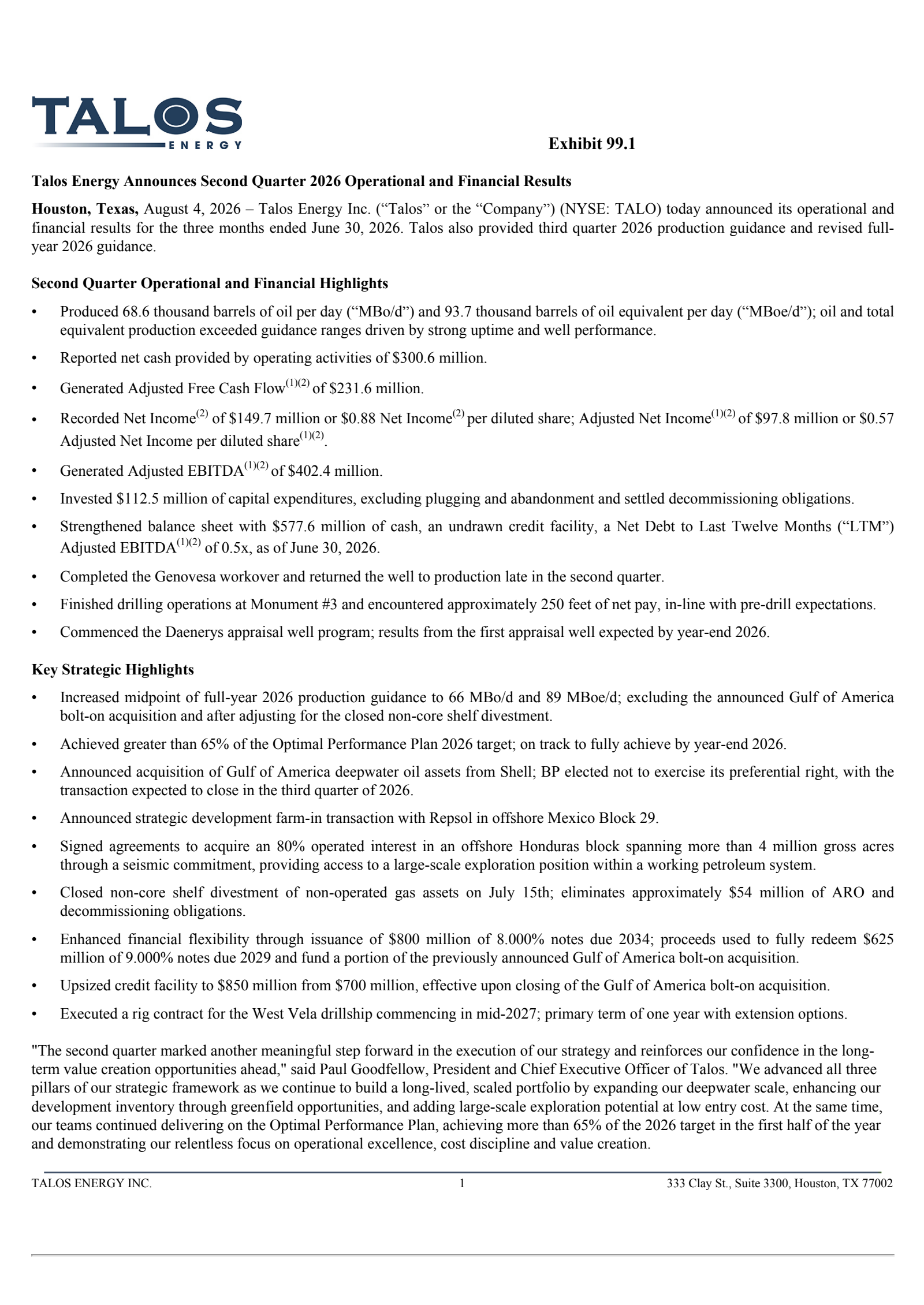 Talos Energy's Q2 2026 Press Release