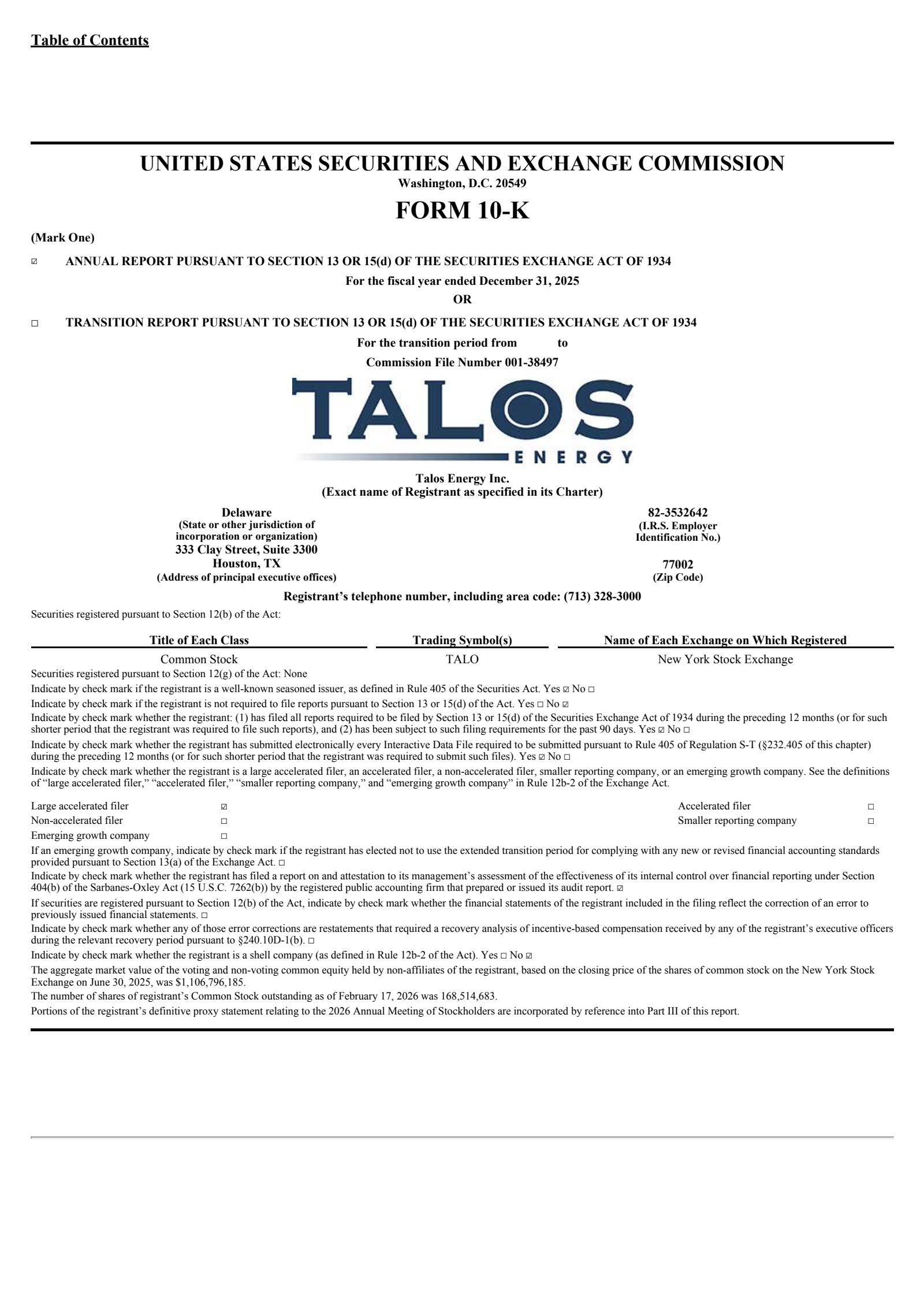 Talos Energy's Q4 2025 Annual report