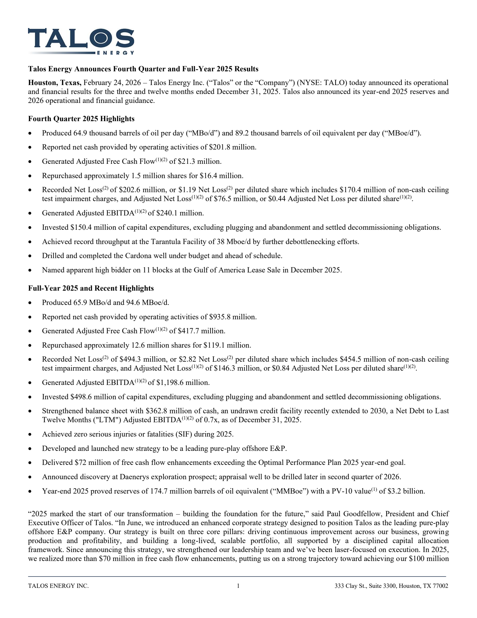 Talos Energy's Q4 2025 Press Release