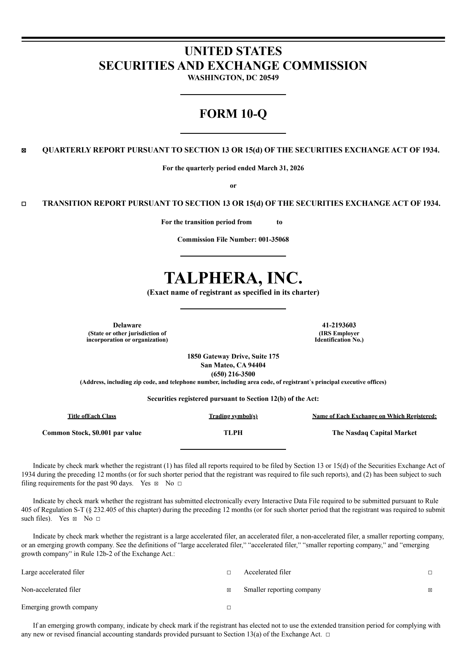 Talphera's Q1 2026 Quarterly report