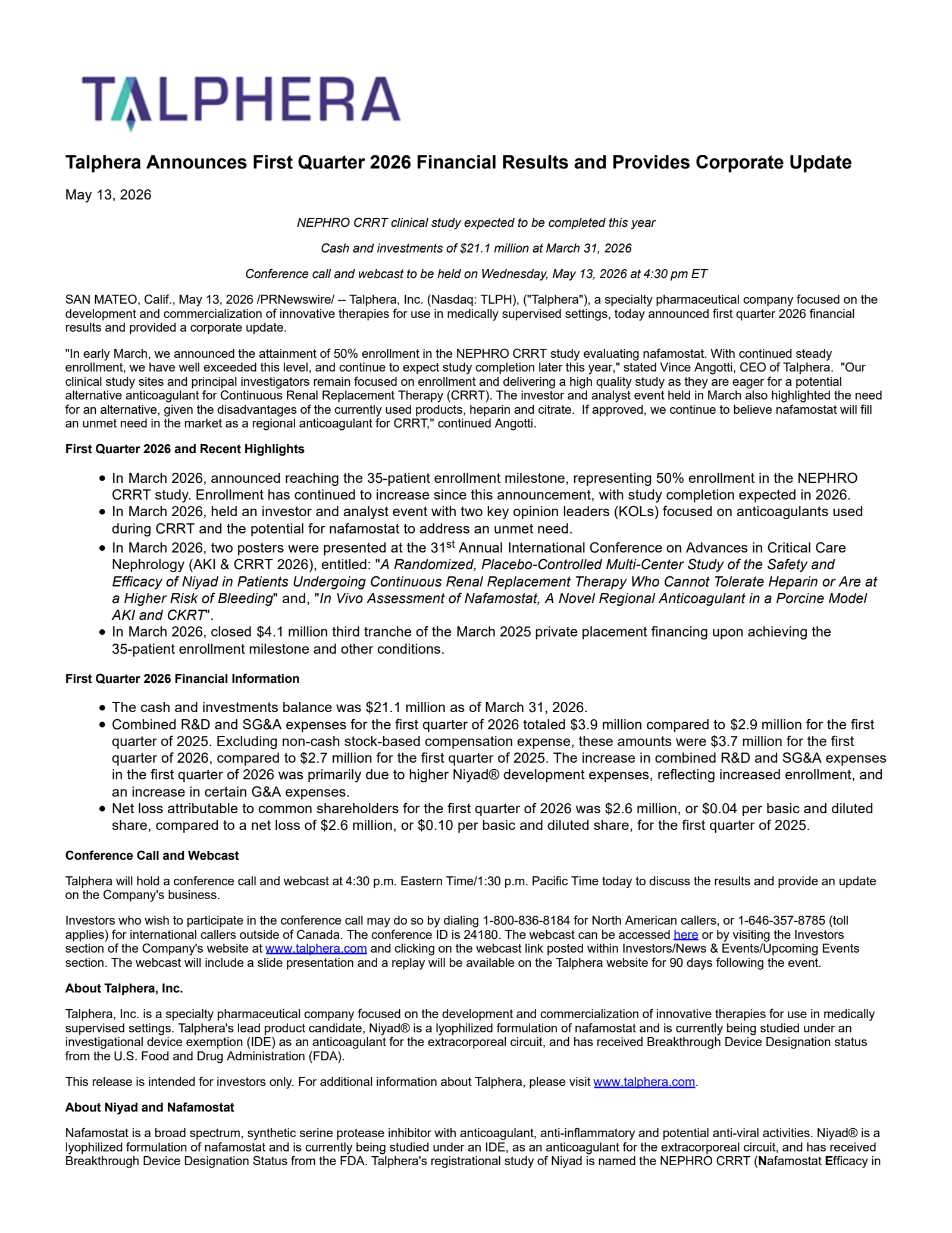 Talphera's Q1 2026 Press Release
