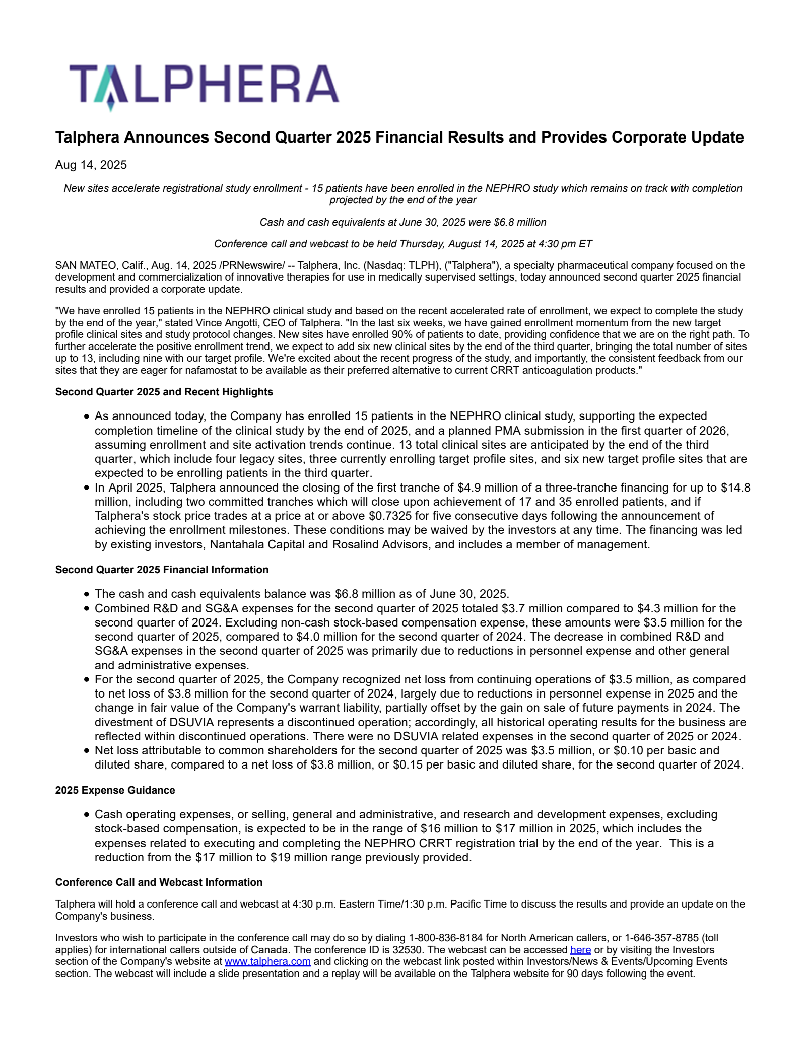 Talphera's Q2 2025 Press Release