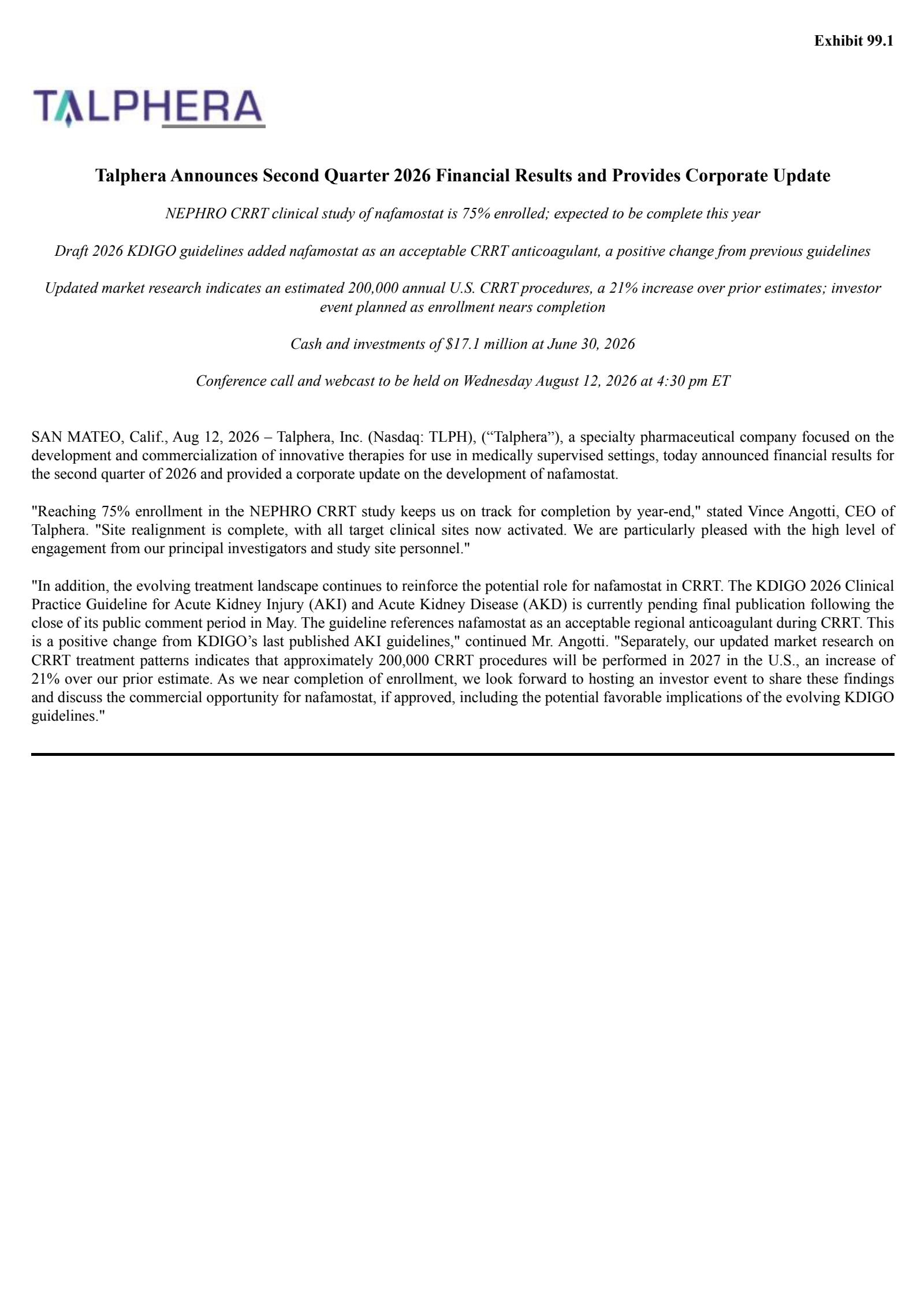 Talphera's Q2 2026 Press Release