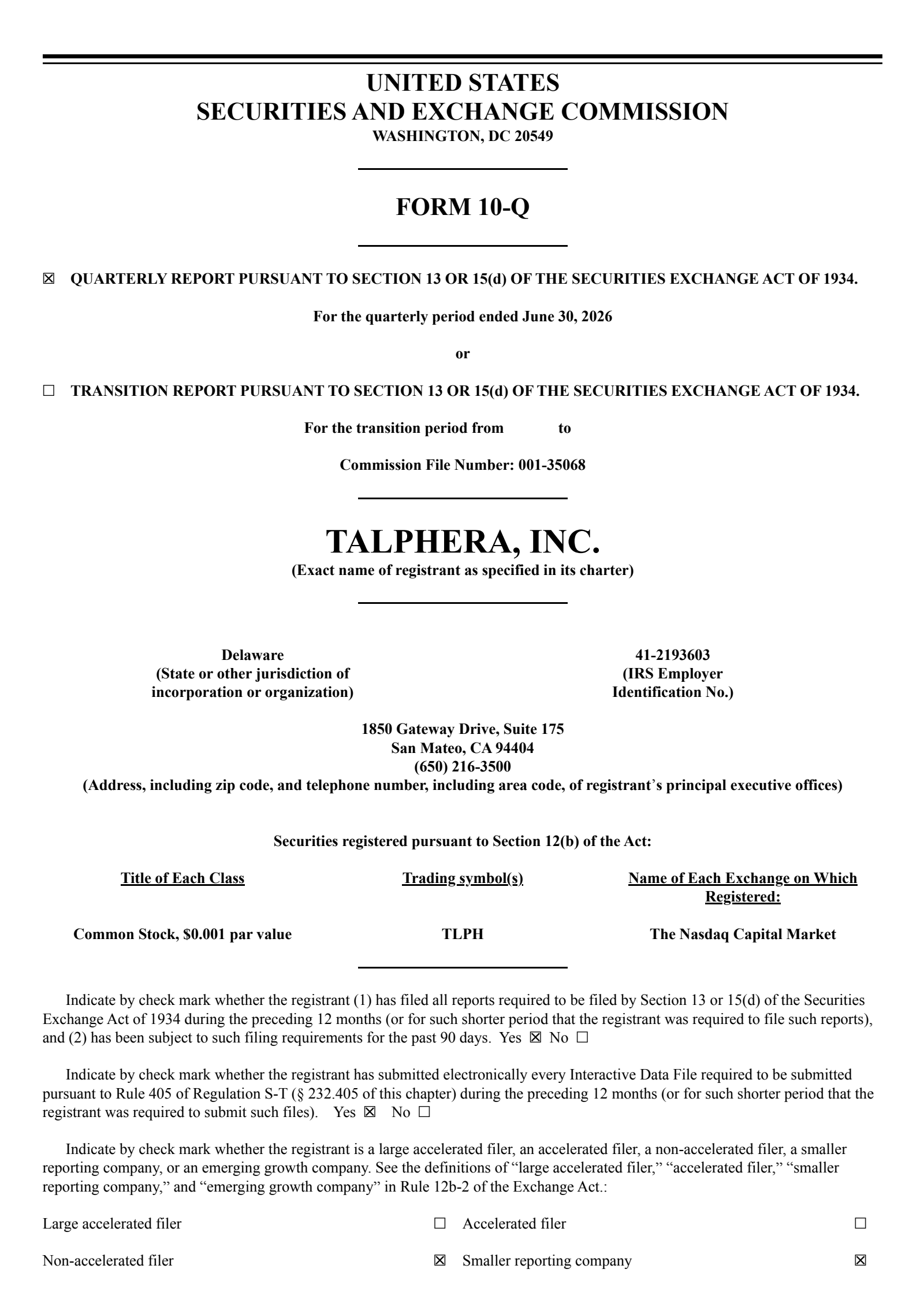 Talphera's Q2 2026 Quarterly report