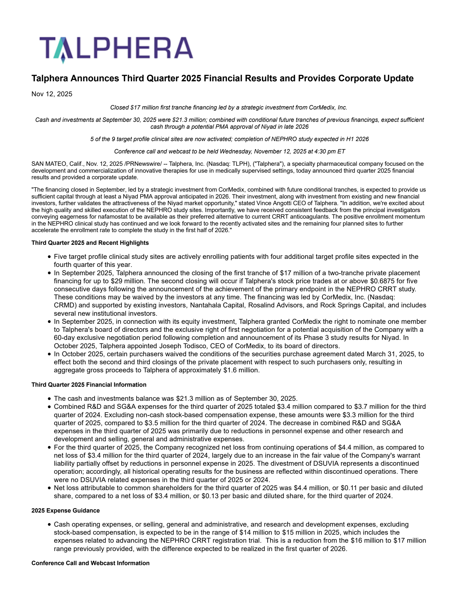 Talphera's Q3 2025 Earnings Release