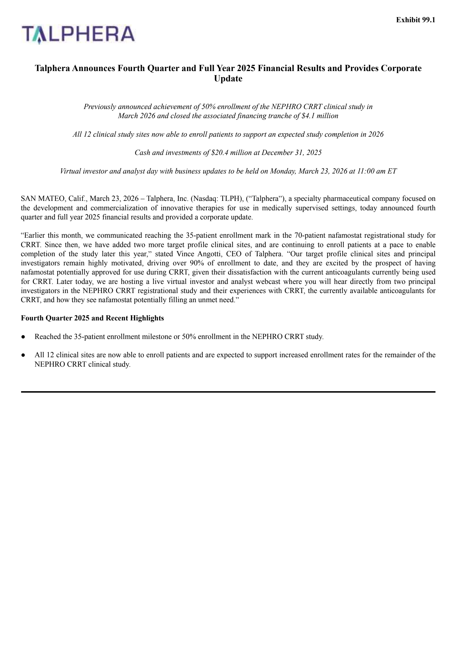 Talphera's Q4 2025 & Investor Day Press Release