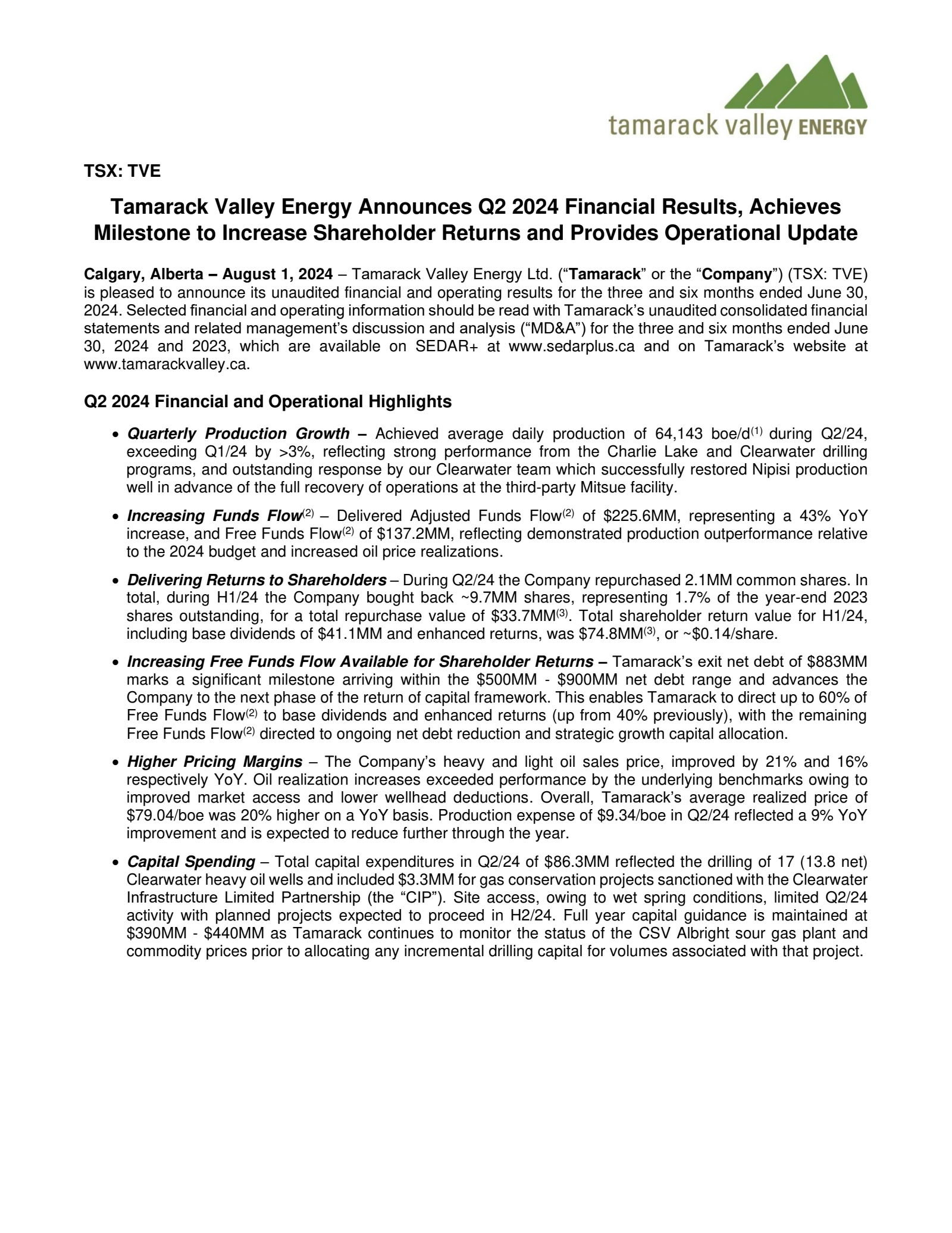 Tamarack Valley Energy's Q2 2024 Press Release