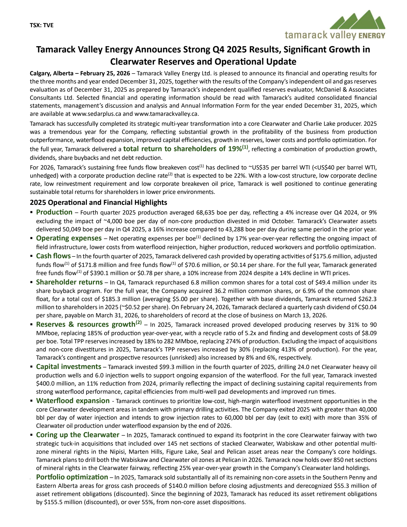 Tamarack Valley Energy's Q4 2025 Press Release