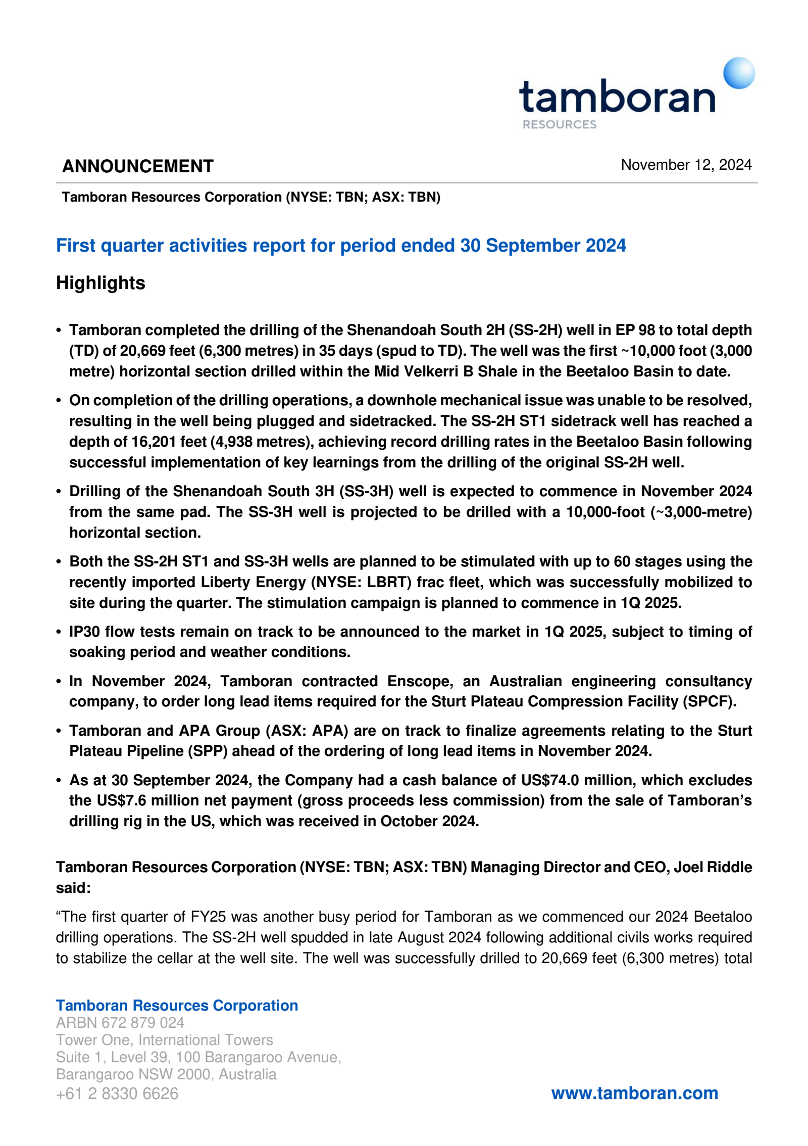 Tamboran Resources' Q1 2025 Press Release