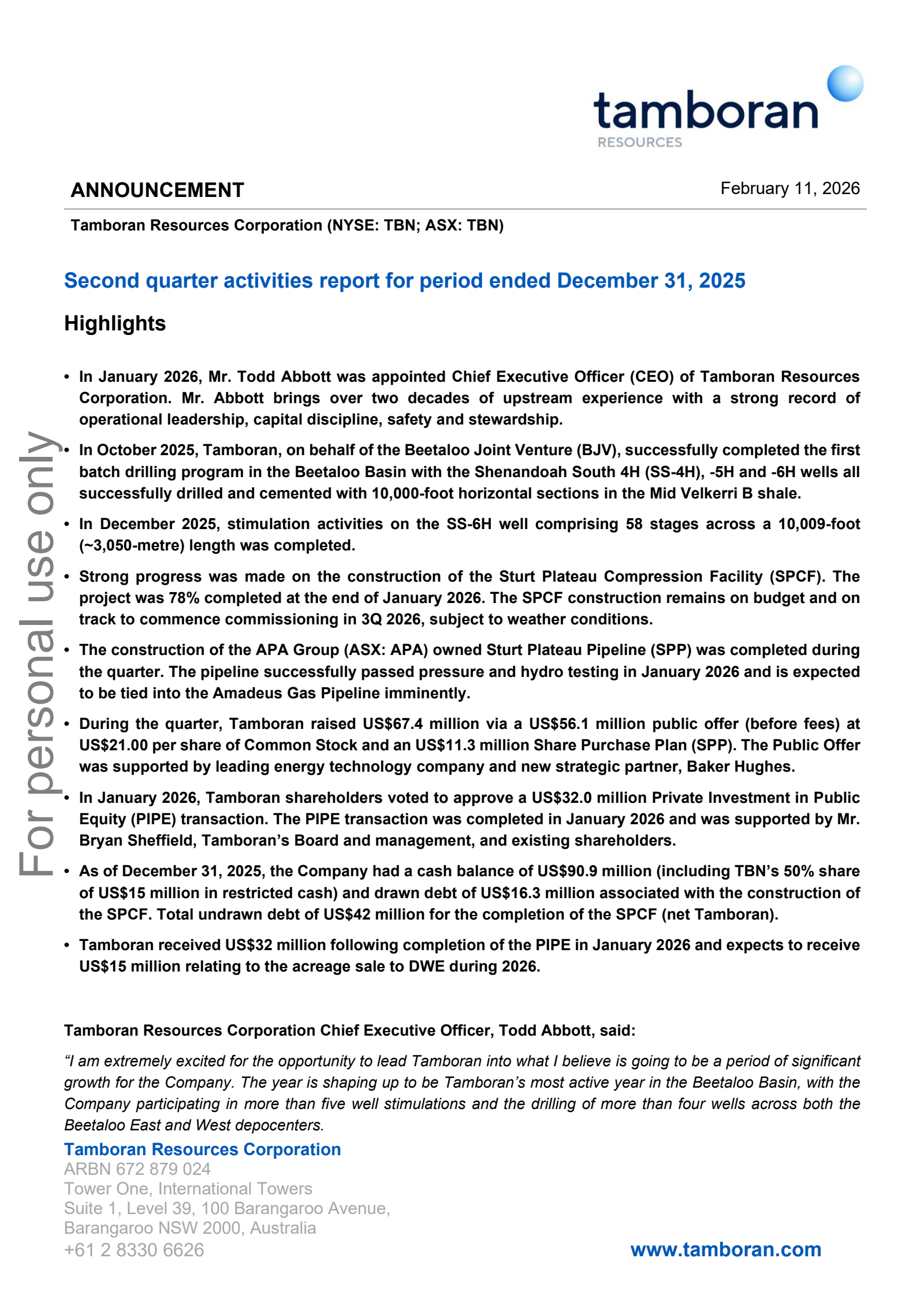Tamboran Resources' Q2 2026 Press Release