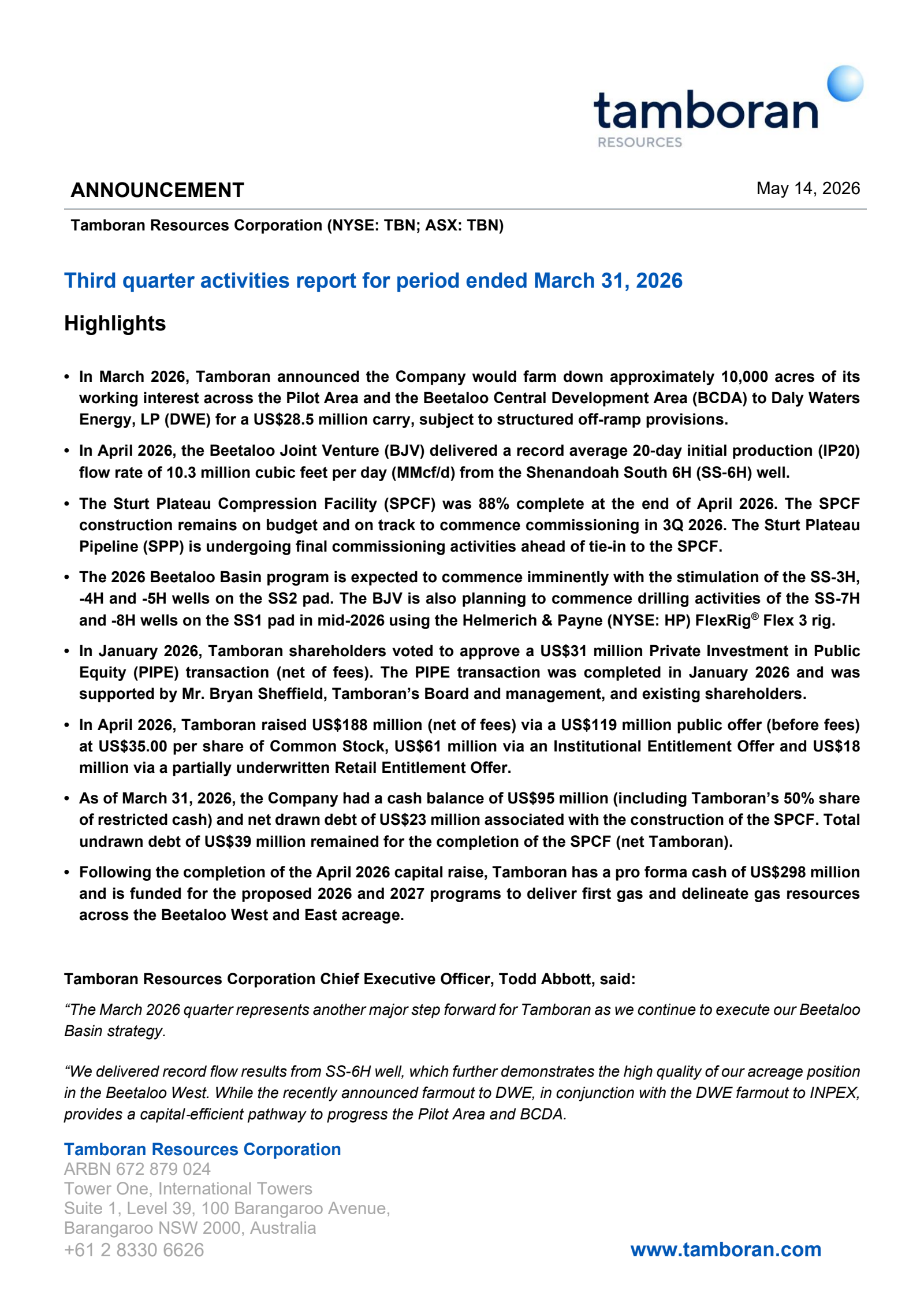 Tamboran Resources' Q3 2026 Press Release
