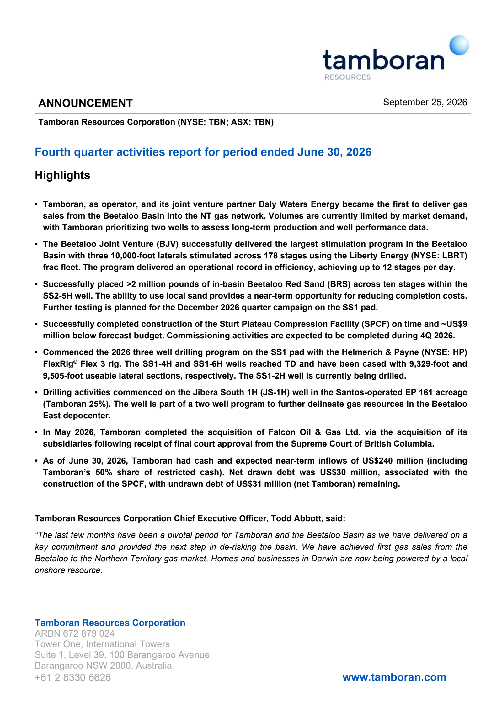 Tamboran Resources' Q4 2026 Press Release